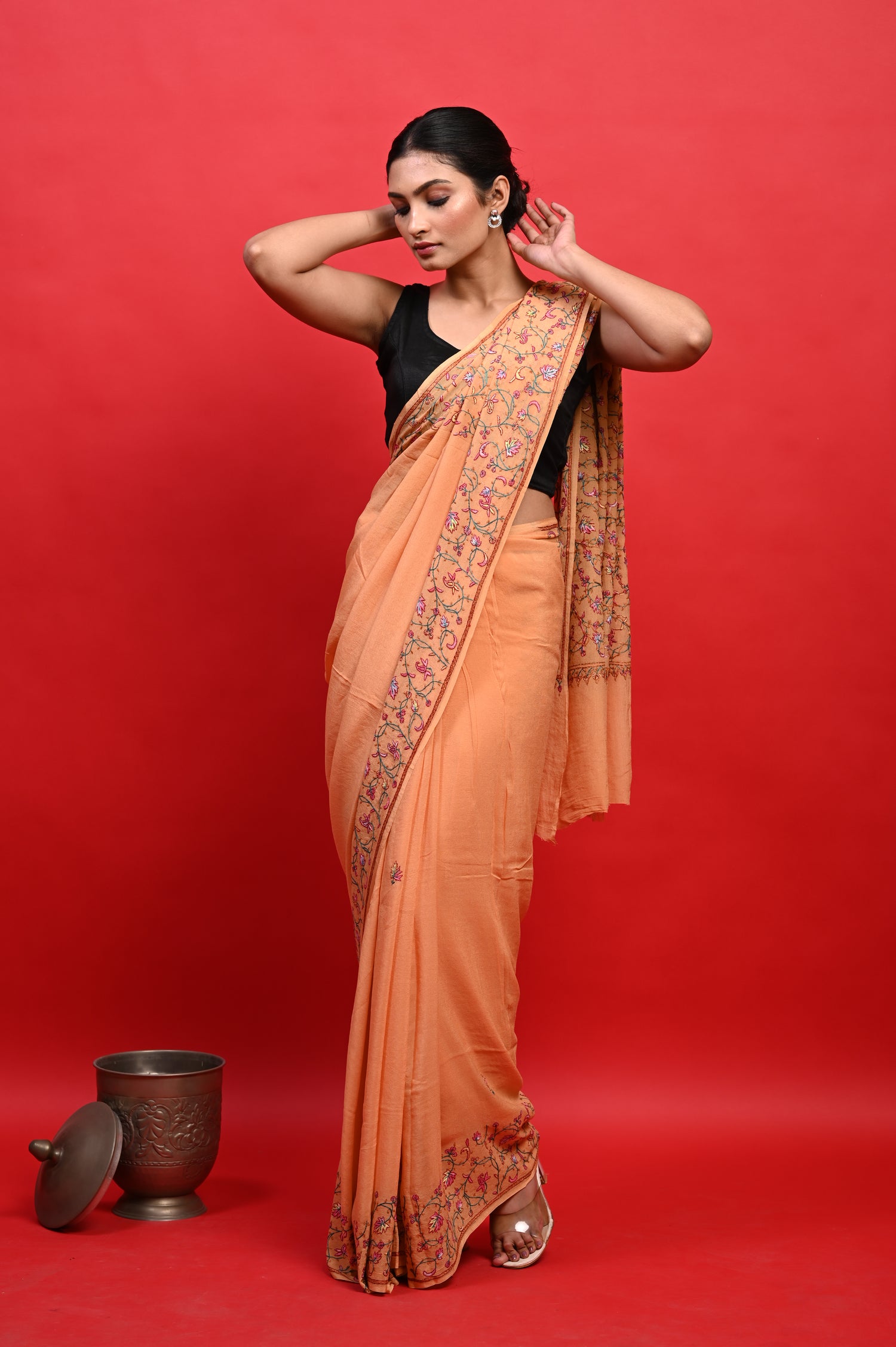 Pure Crepe Chinon Silk Sozni Work Hand Embroidered Kashmiri Saree