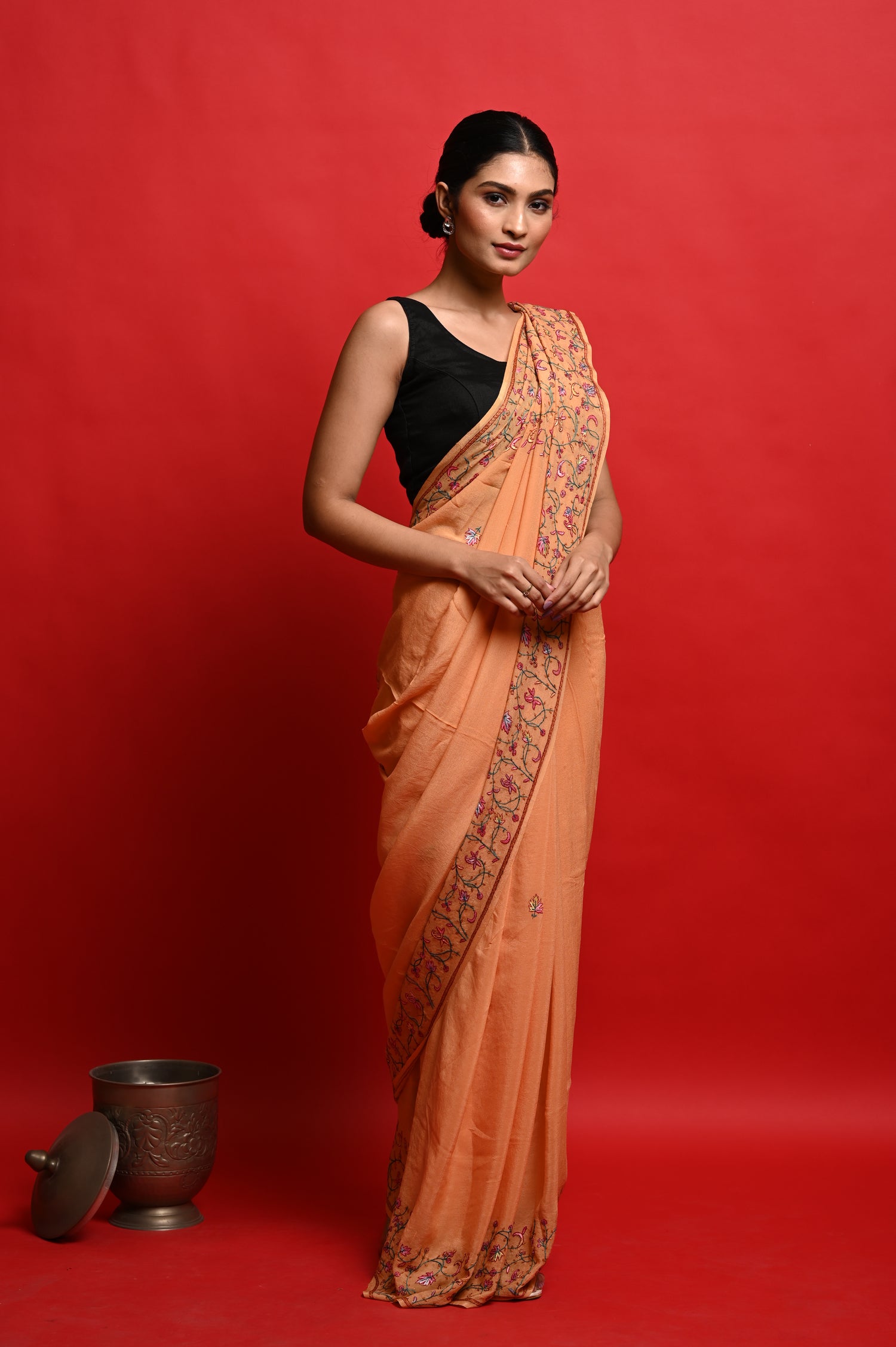 Pure Crepe Chinon Silk Sozni Work Hand Embroidered Kashmiri Saree