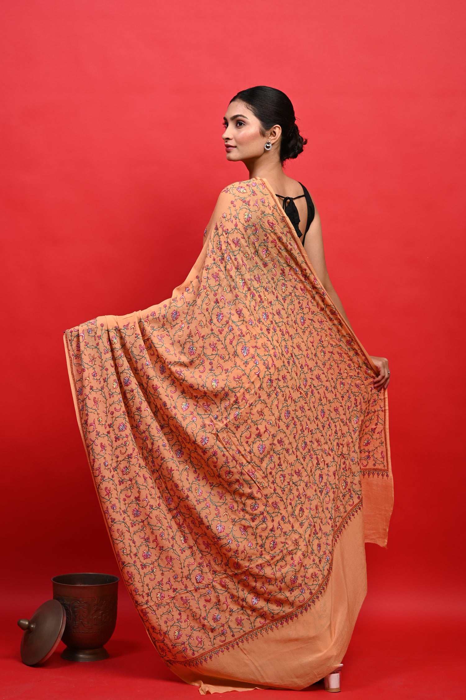 Pure Crepe Chinon Silk Sozni Work Hand Embroidered Kashmiri Saree