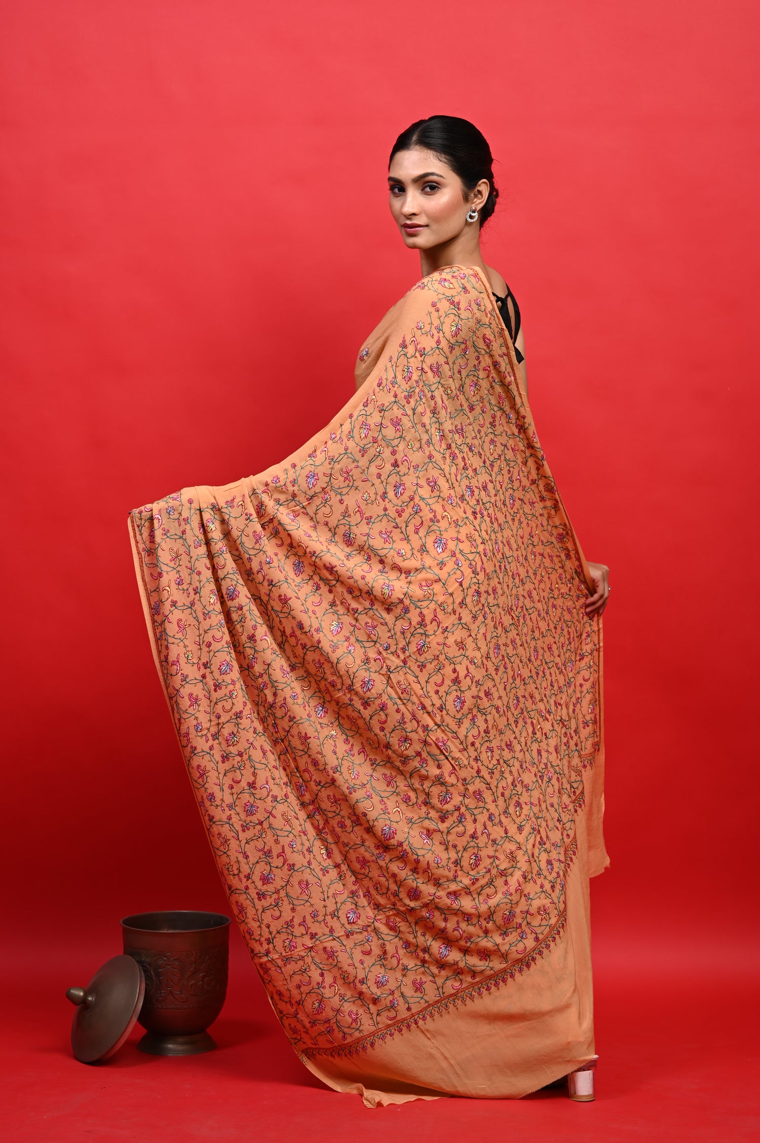 Pure Crepe Chinon Silk Sozni Work Hand Embroidered Kashmiri Saree