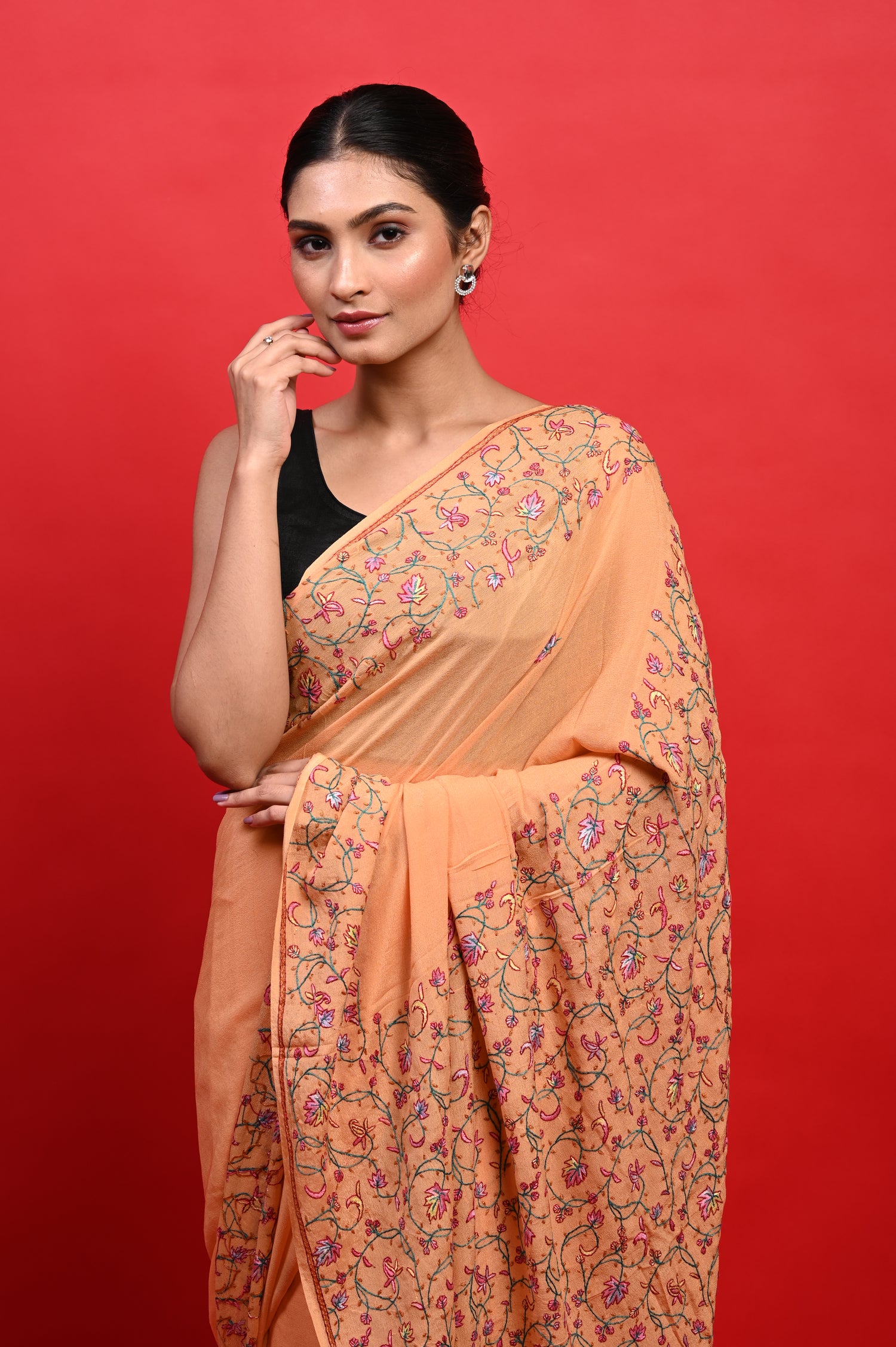 Pure Crepe Chinon Silk Sozni Work Hand Embroidered Kashmiri Saree