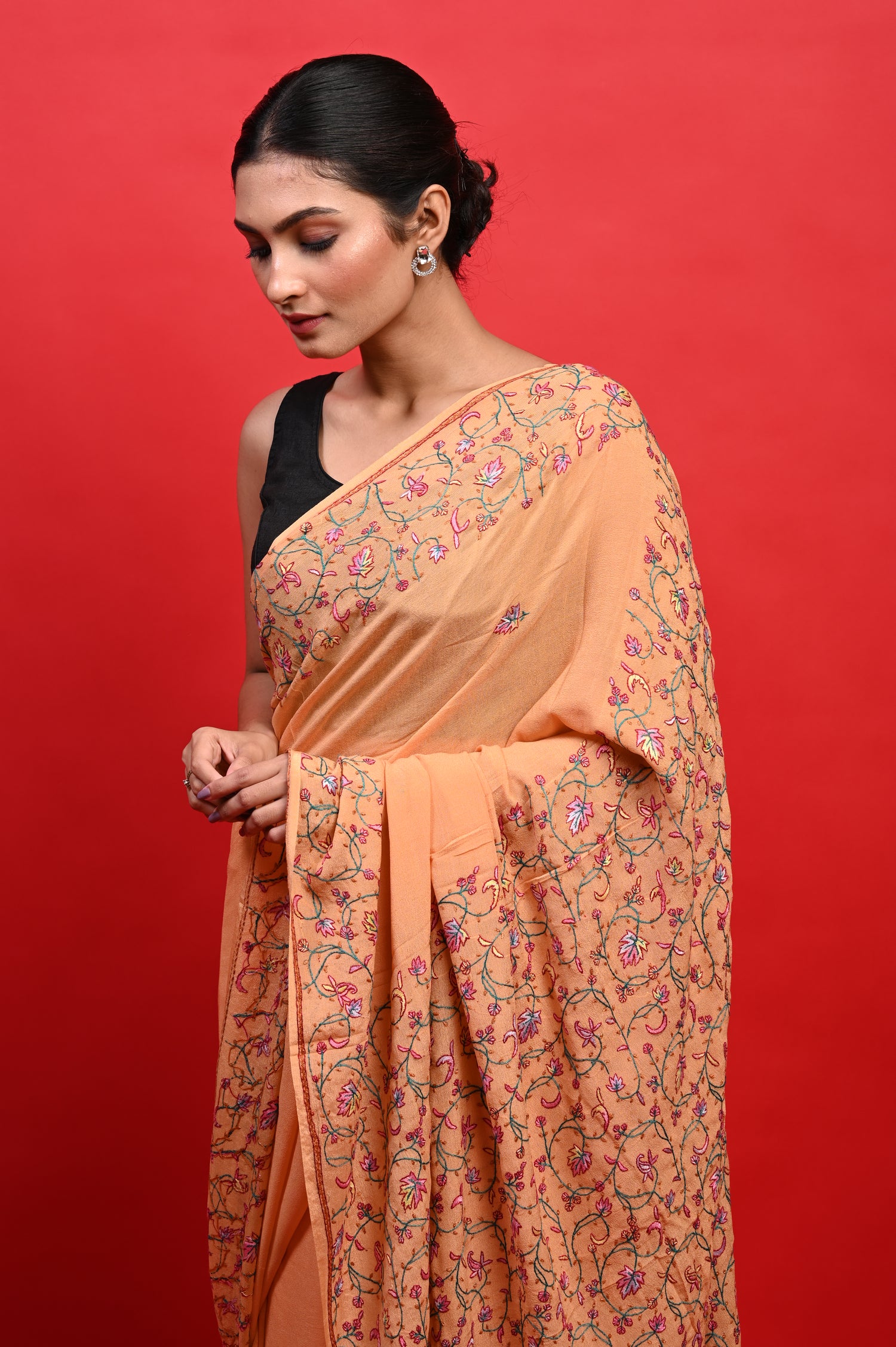 Pure Crepe Chinon Silk Sozni Work Hand Embroidered Kashmiri Saree