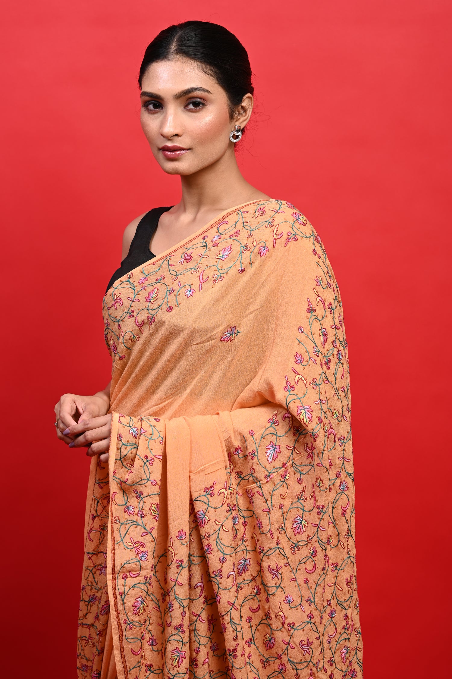 Pure Crepe Chinon Silk Sozni Work Hand Embroidered Kashmiri Saree