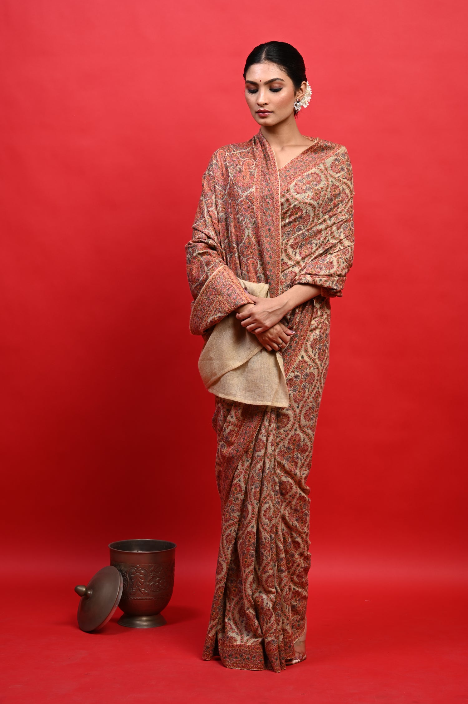 Pure Pashmina Sozni Embriodery Heirloom Kashmiri Saree