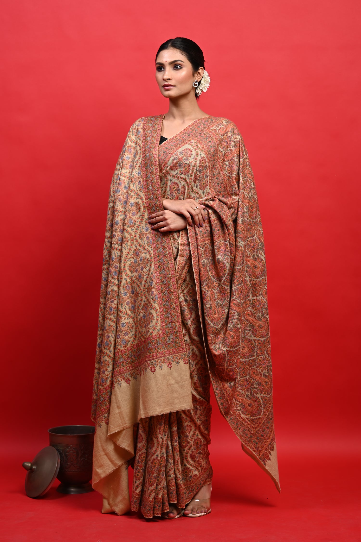 Pure Pashmina Sozni Embriodery Heirloom Kashmiri Saree