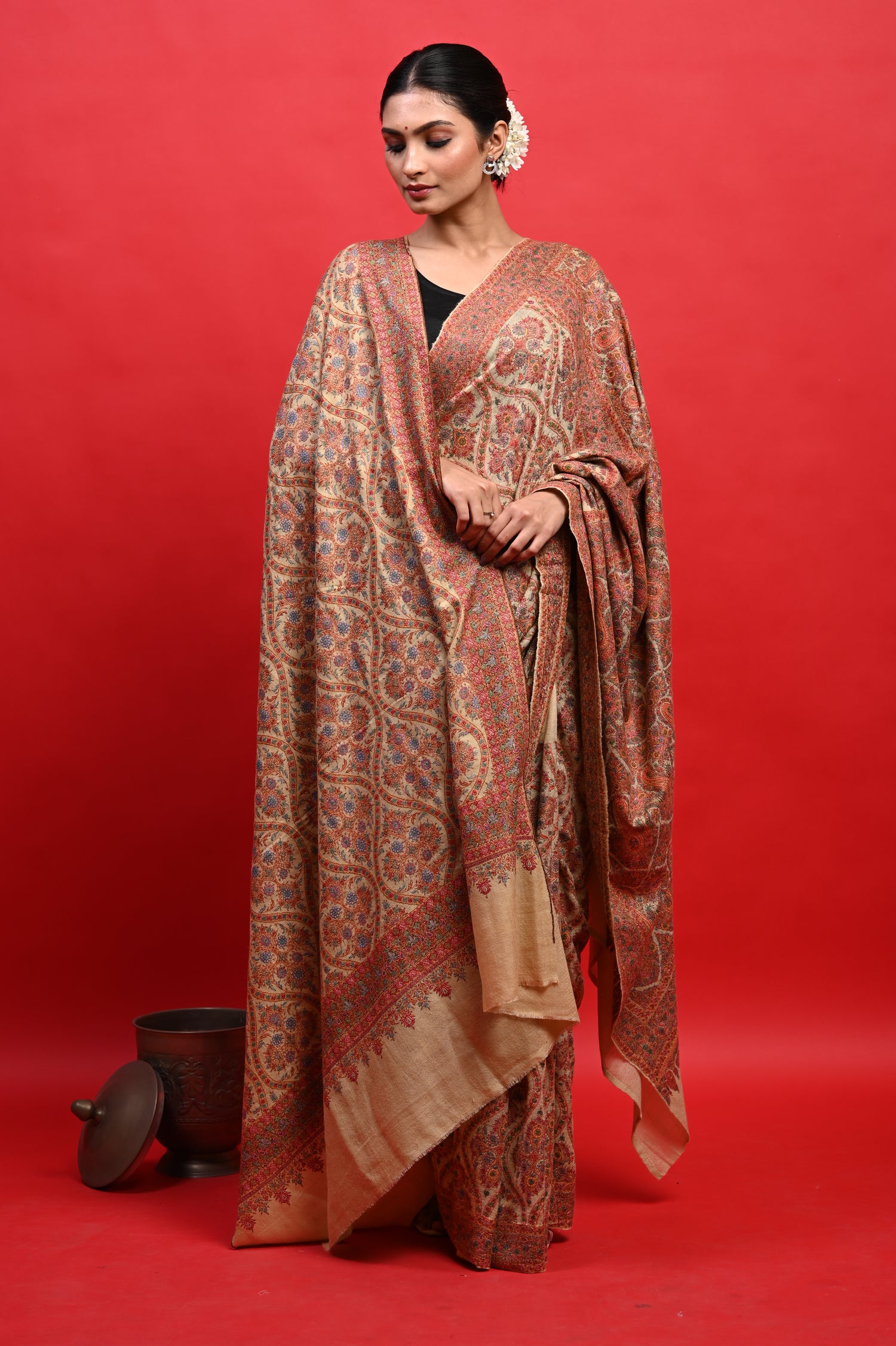 Pure Pashmina Sozni Embriodery Heirloom Kashmiri Saree