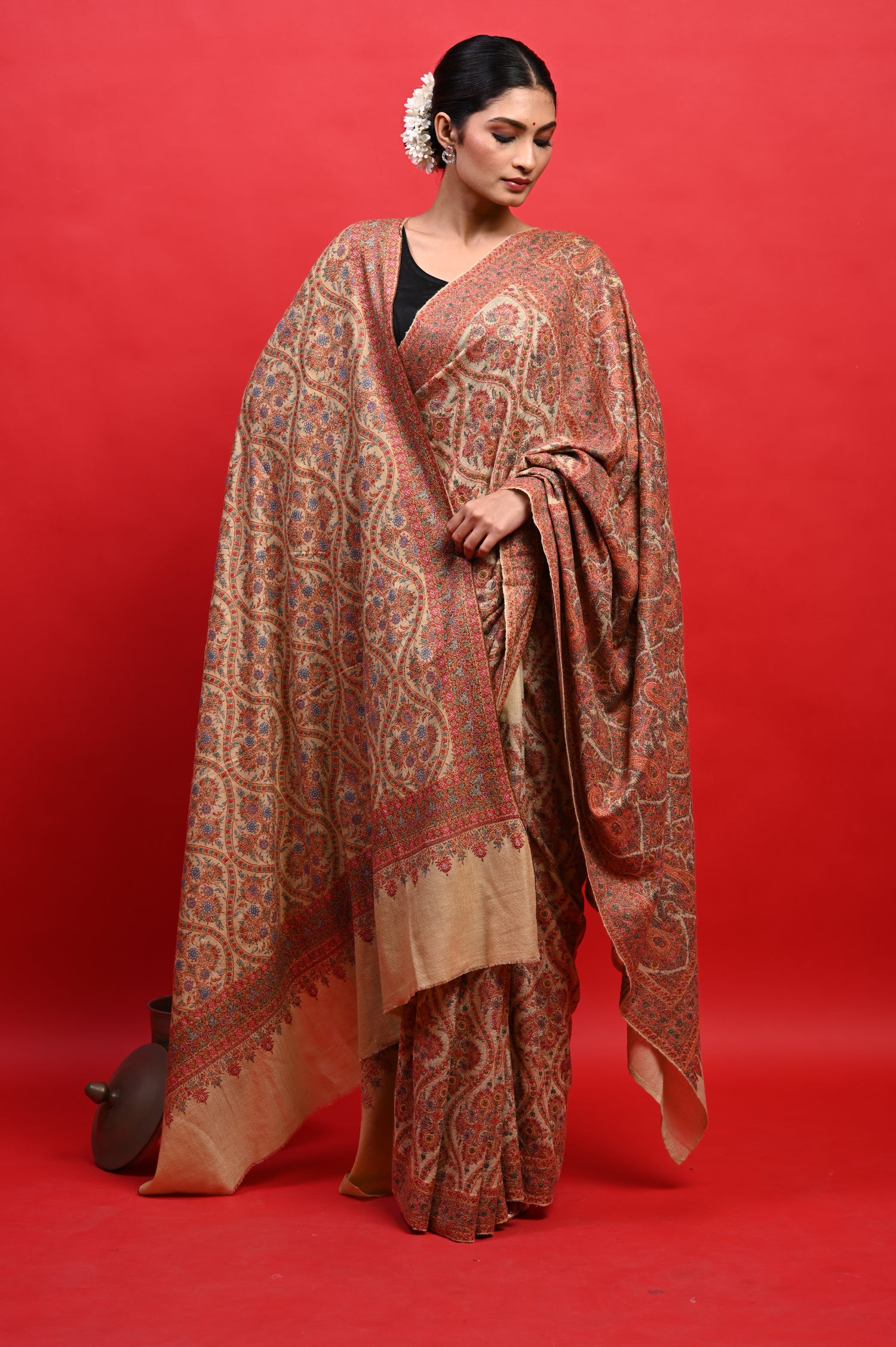 Pure Pashmina Sozni Embriodery Heirloom Kashmiri Saree