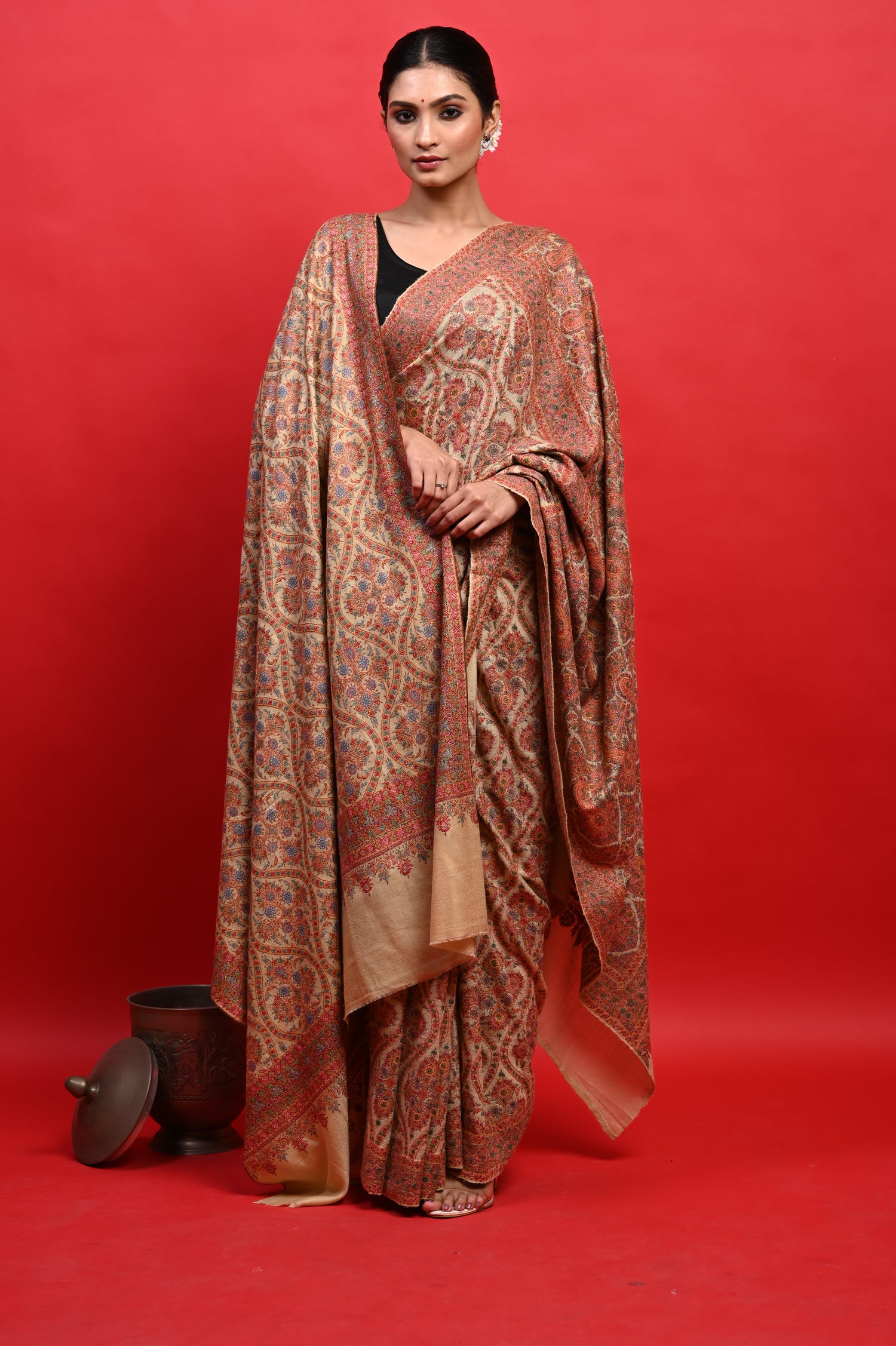 Pure Pashmina Sozni Embriodery Heirloom Kashmiri Saree