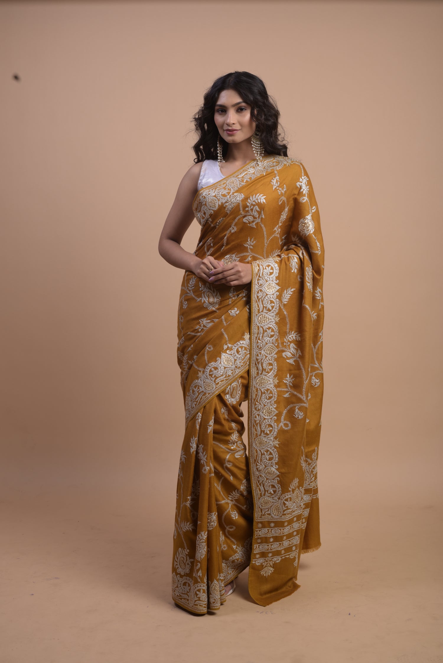 Pure Pashmina Tilla Embriodery Kashmiri Saree