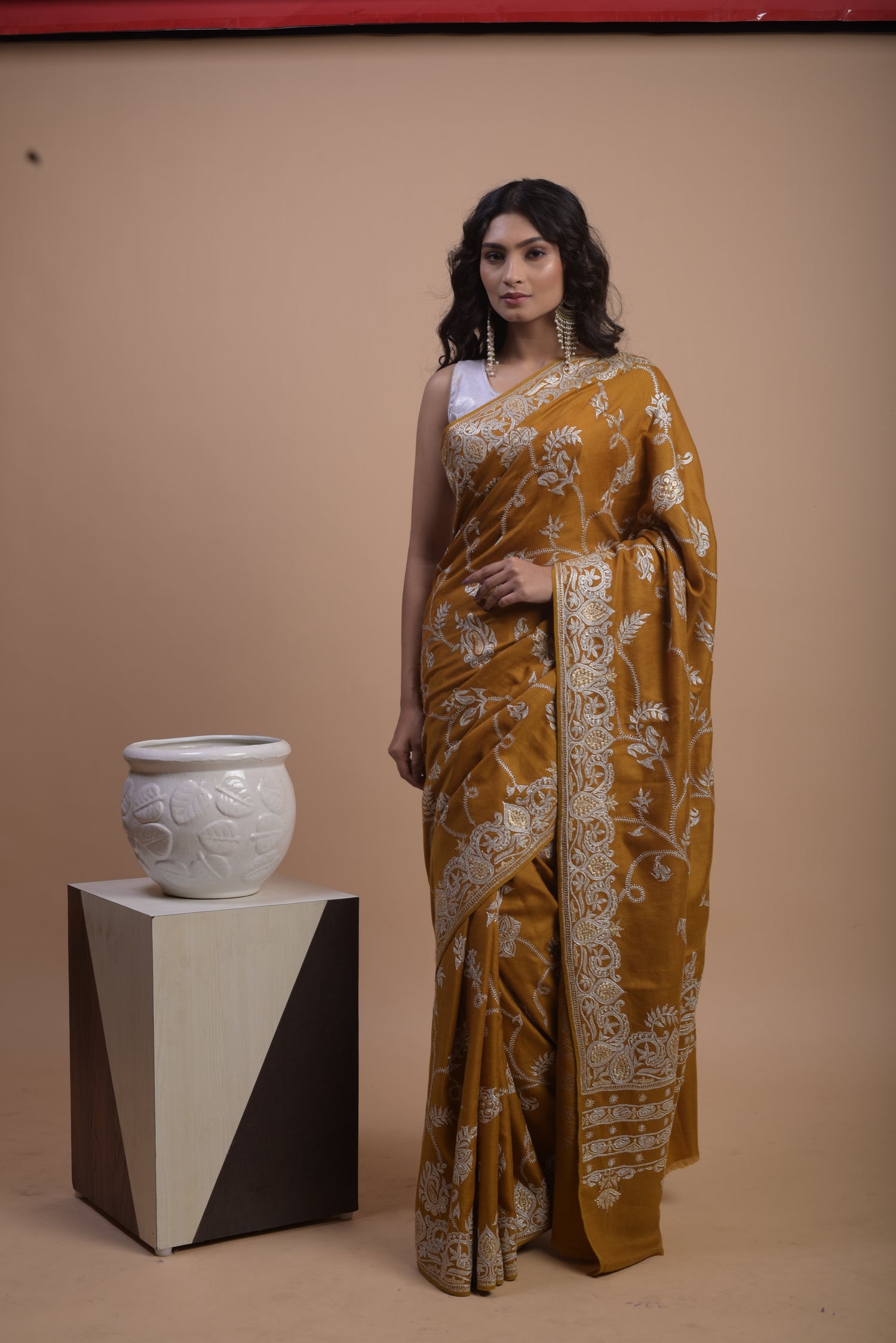 Pure Pashmina Tilla Embriodery Kashmiri Saree