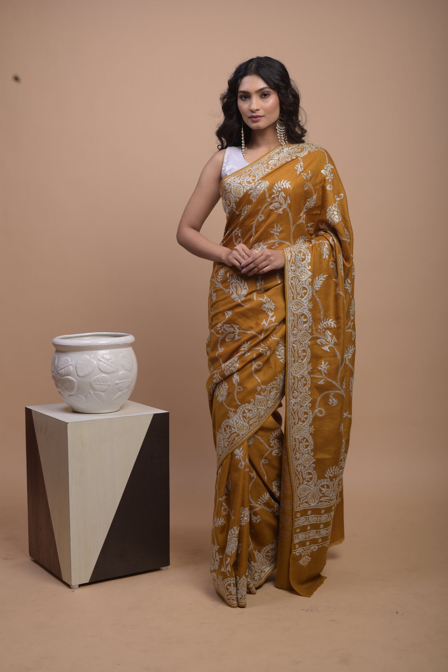 Pure Pashmina Tilla Embriodery Kashmiri Saree