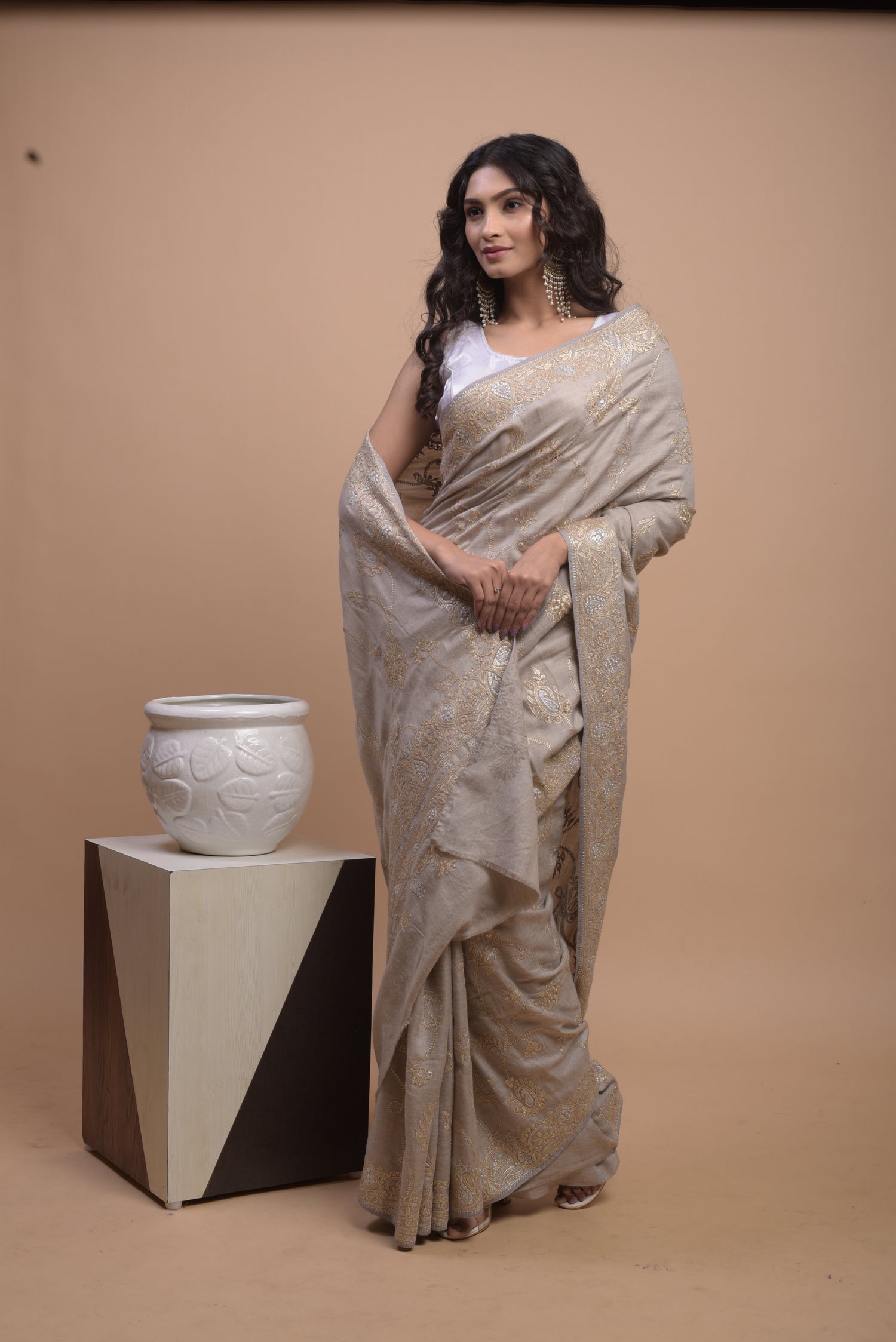 Pure Pashmina Tilla Embriodery Kashmiri Saree