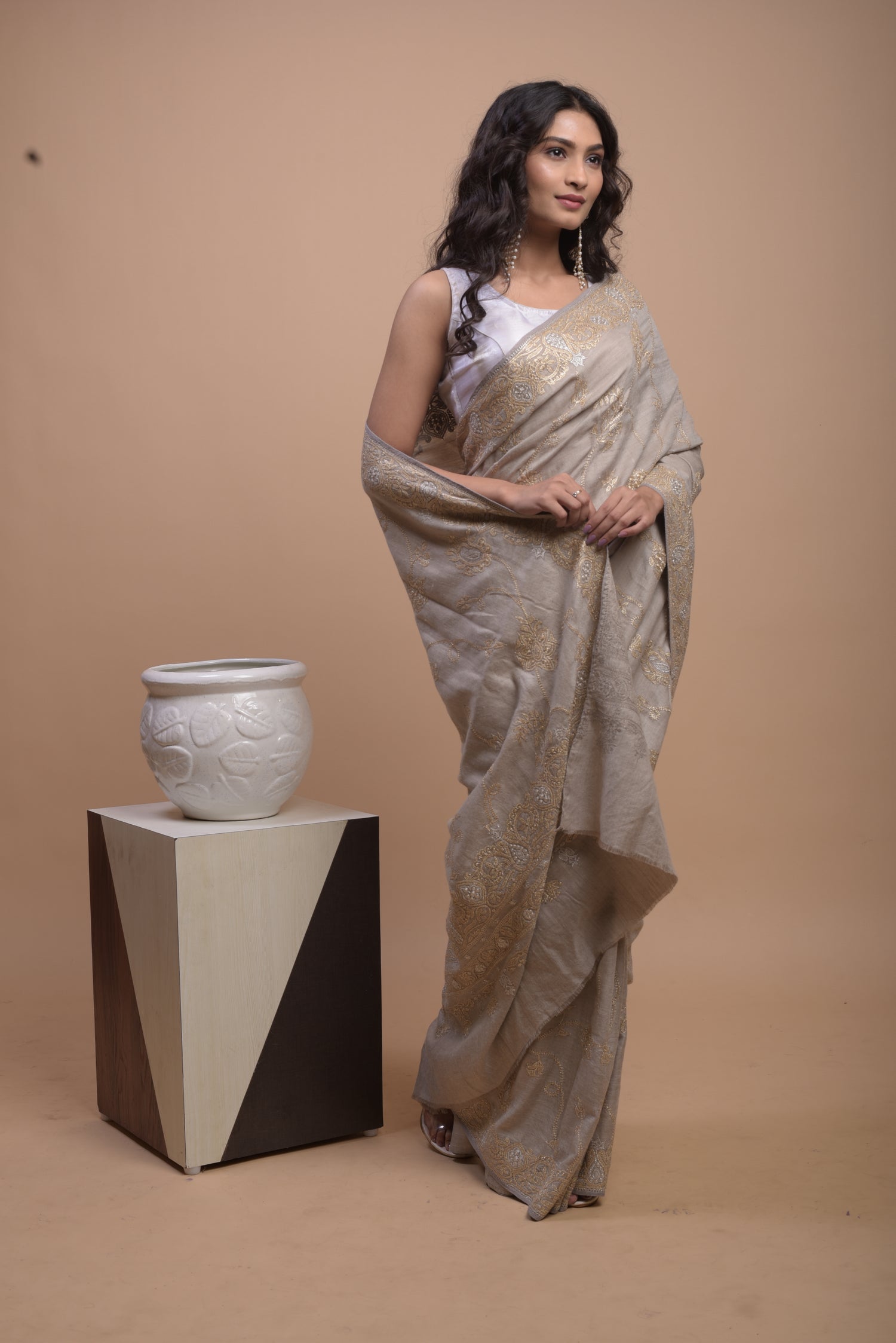 Pure Pashmina Tilla Embriodery Kashmiri Saree