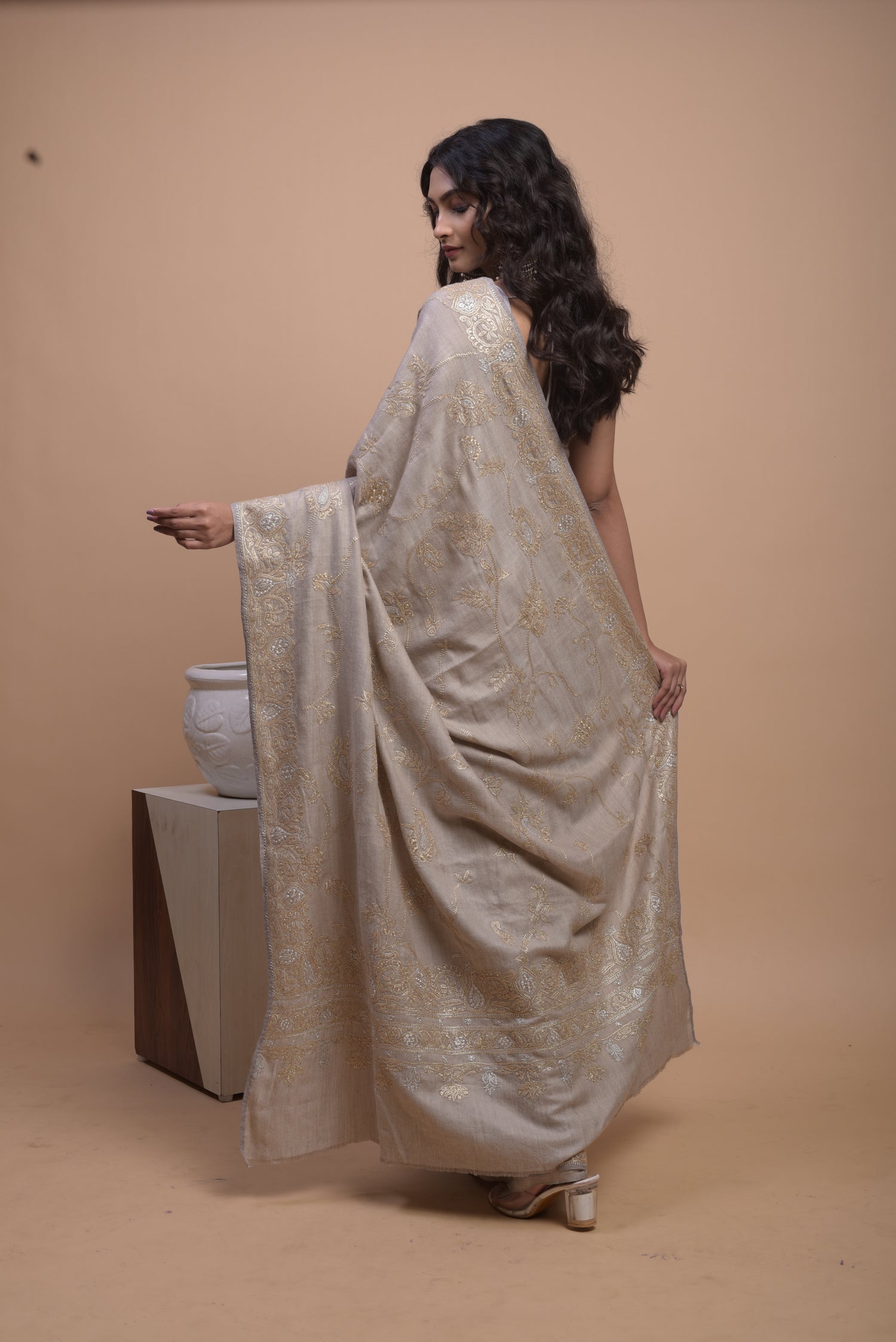 Pure Pashmina Tilla Embriodery Kashmiri Saree