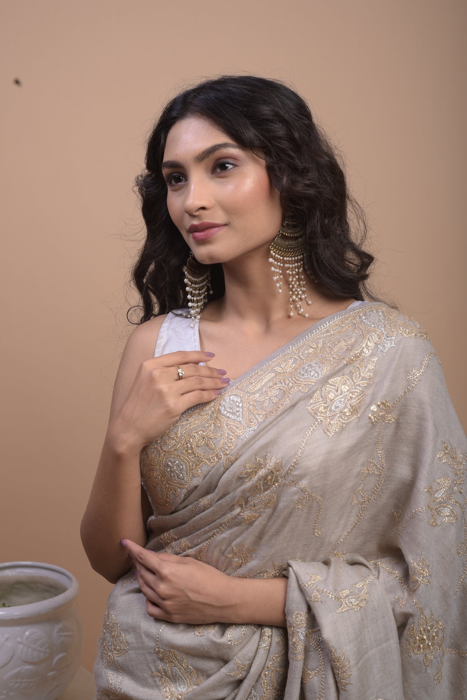 Pure Pashmina Tilla Embriodery Kashmiri Saree