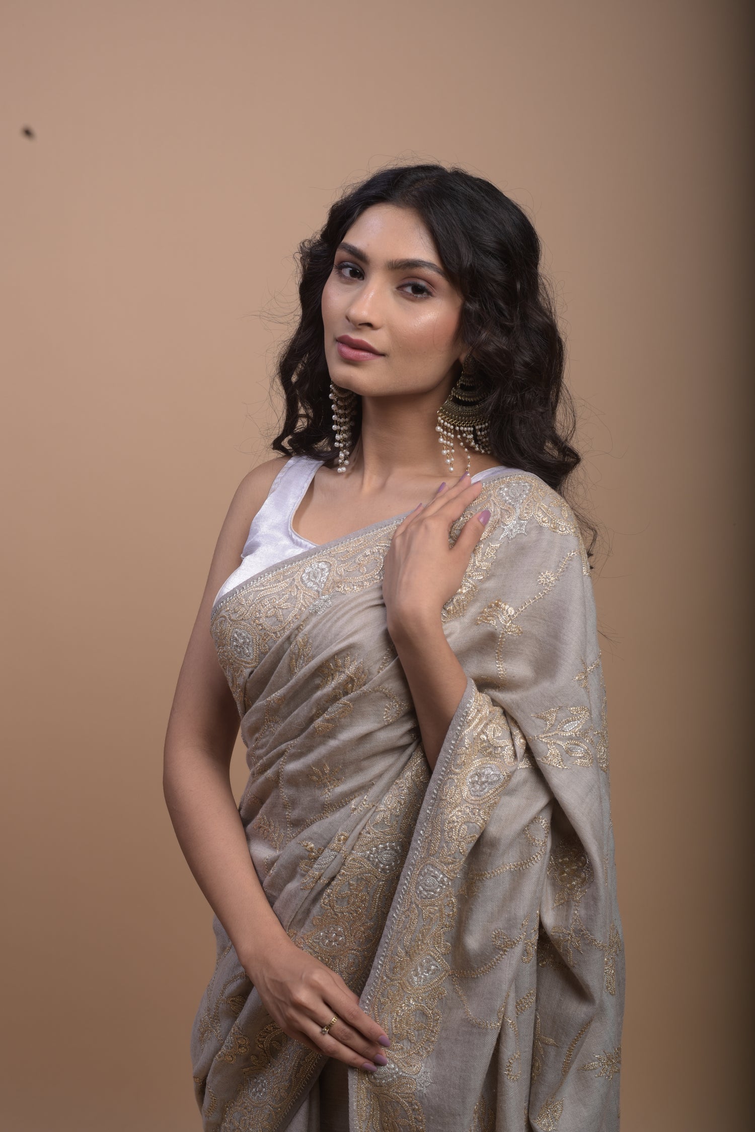 Pure Pashmina Tilla Embriodery Kashmiri Saree