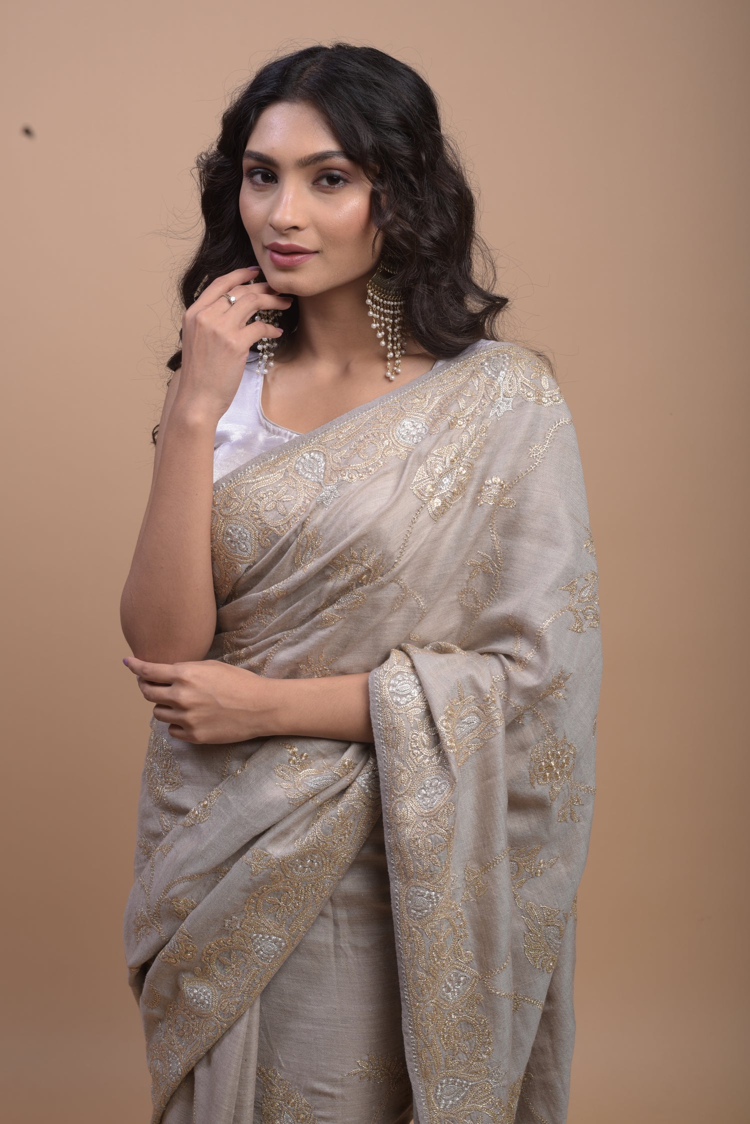 Pure Pashmina Tilla Embriodery Kashmiri Saree