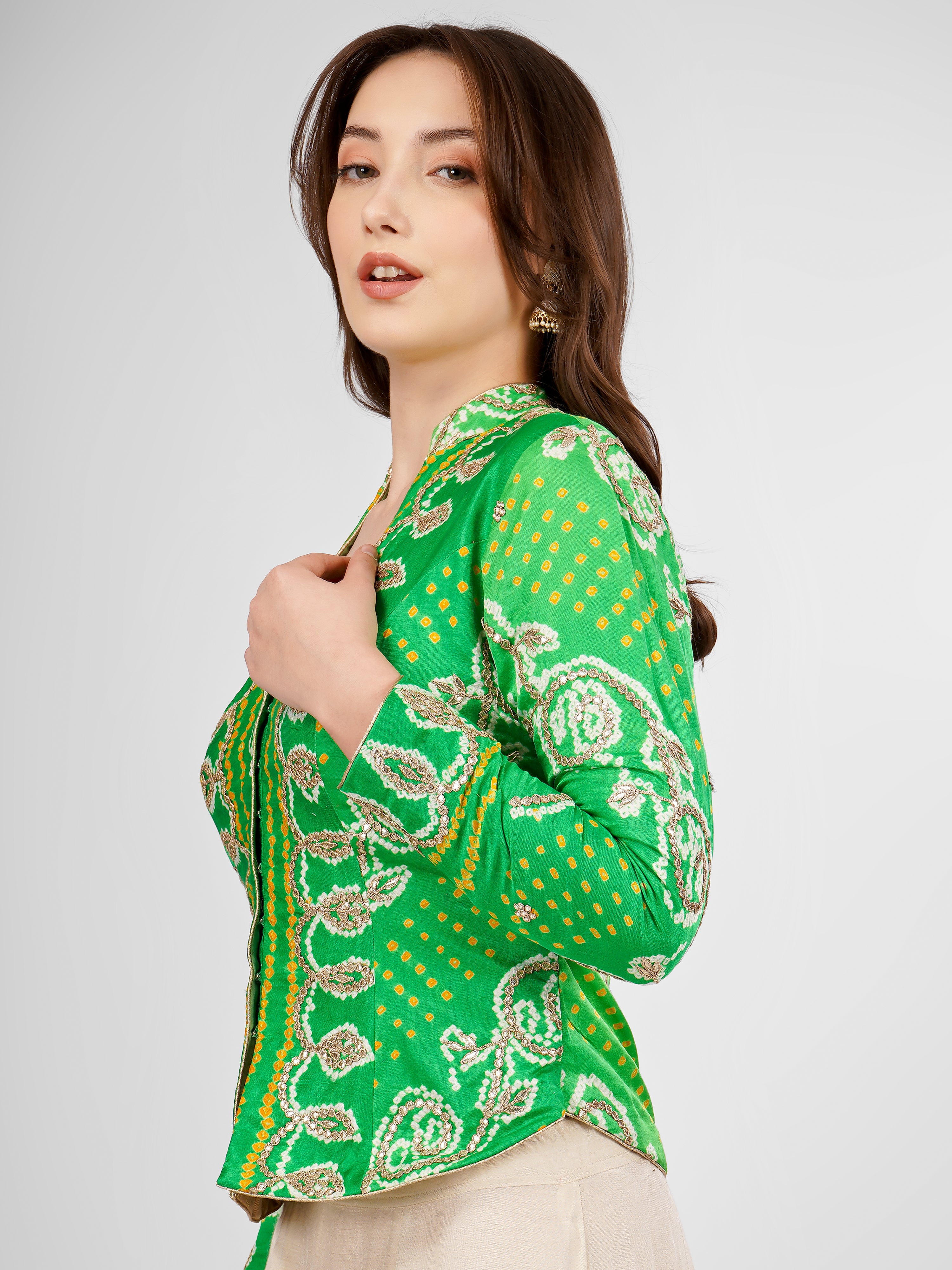 Handwoven Bandhani with Gotta Patti Stitched Jacket Blouse