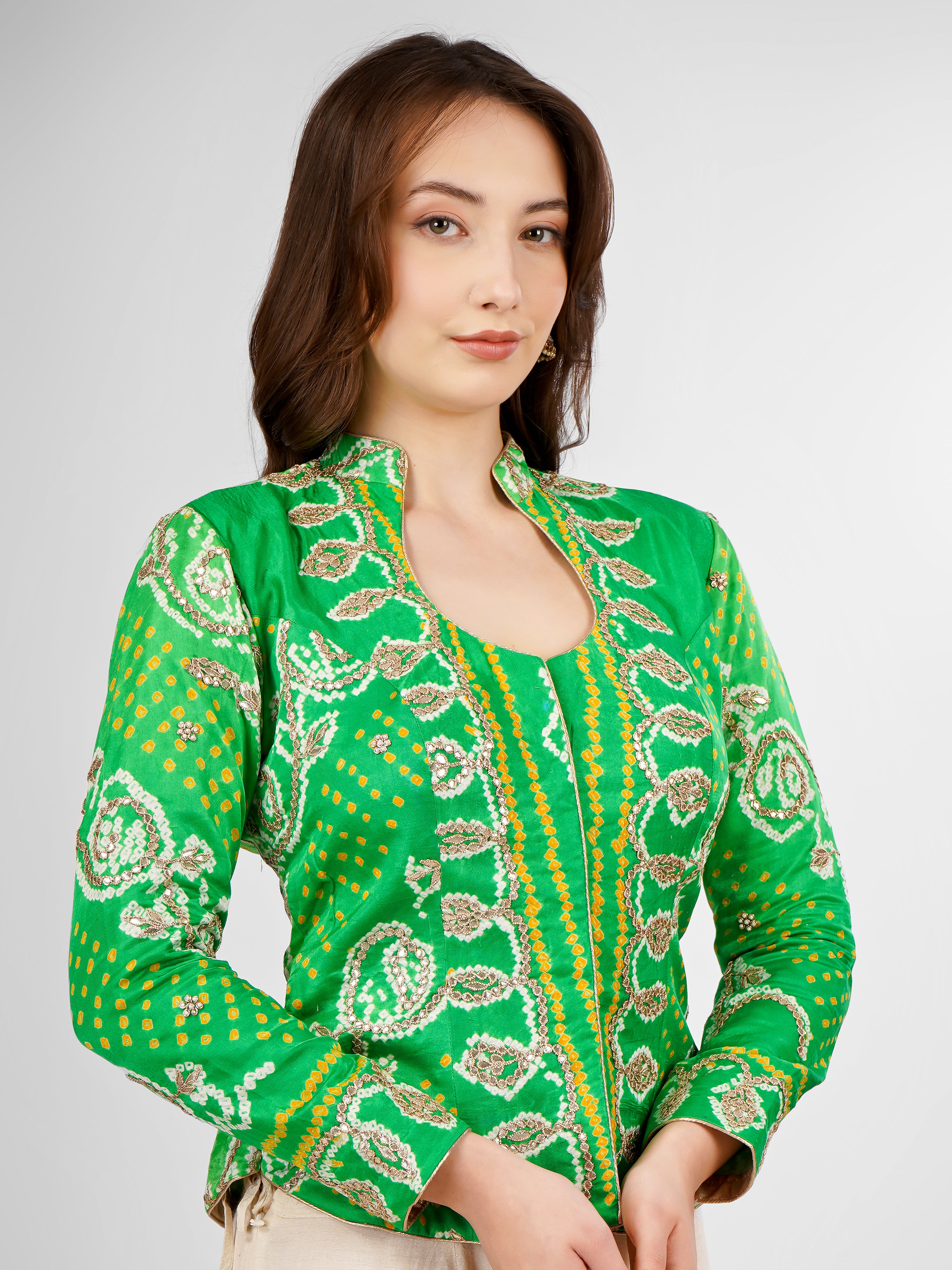 Handwoven Bandhani with Gotta Patti Stitched Jacket Blouse