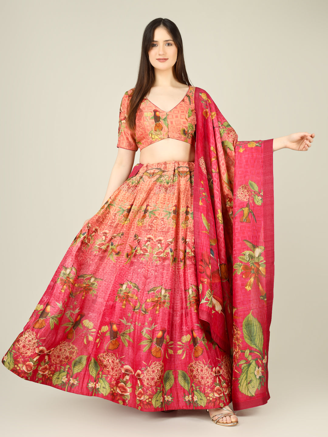 Tussar Silk Print Kalidar Stitched Lehenga Set - Khinkhwab