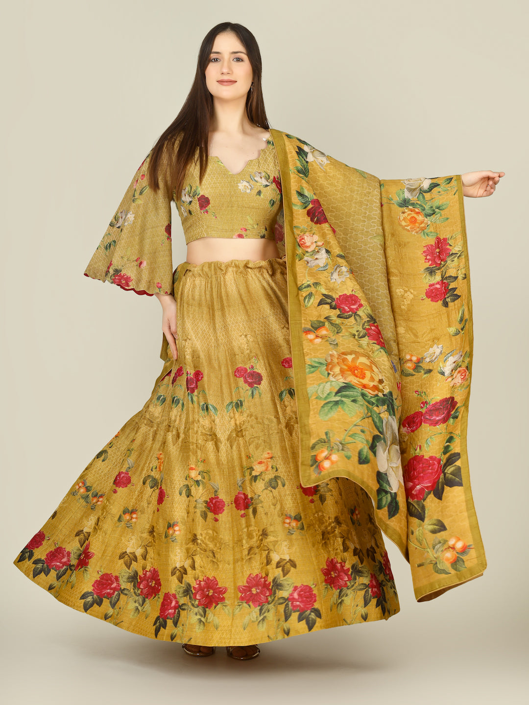 Tussar Silk Print Kalidar Stitched Lehenga Set - Khinkhwab