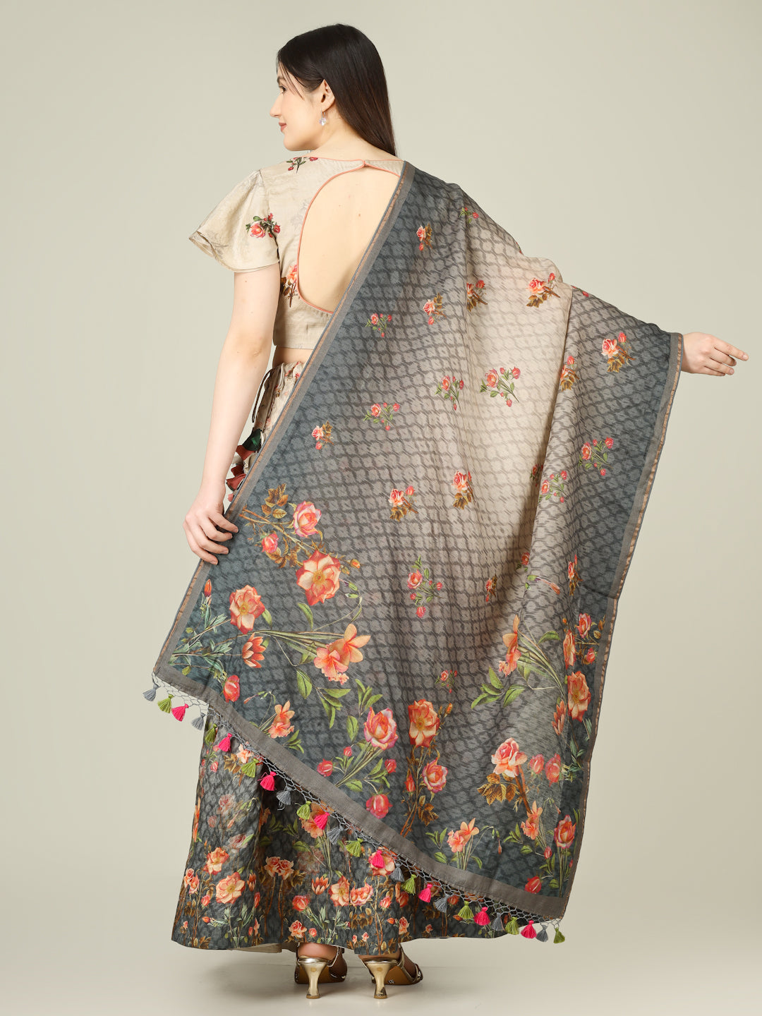 Grey Rose Pure Tussar Silk Print Kalidar Stitched Lehenga Set - Khinkhwab