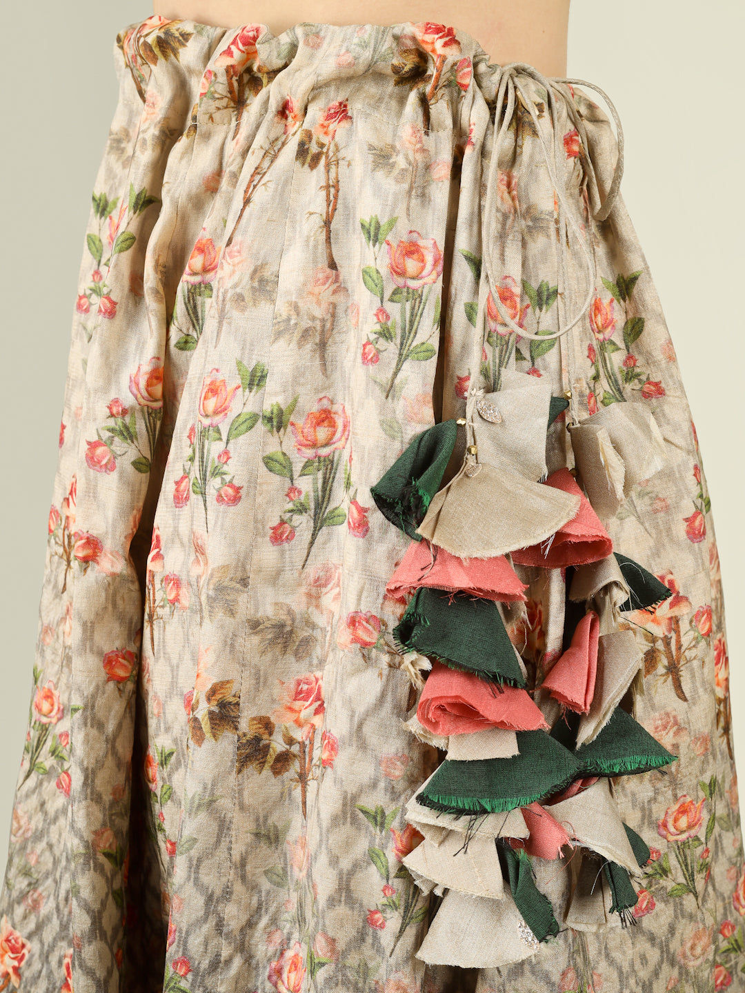 Grey Rose Pure Tussar Silk Print Kalidar Stitched Lehenga Set - Khinkhwab