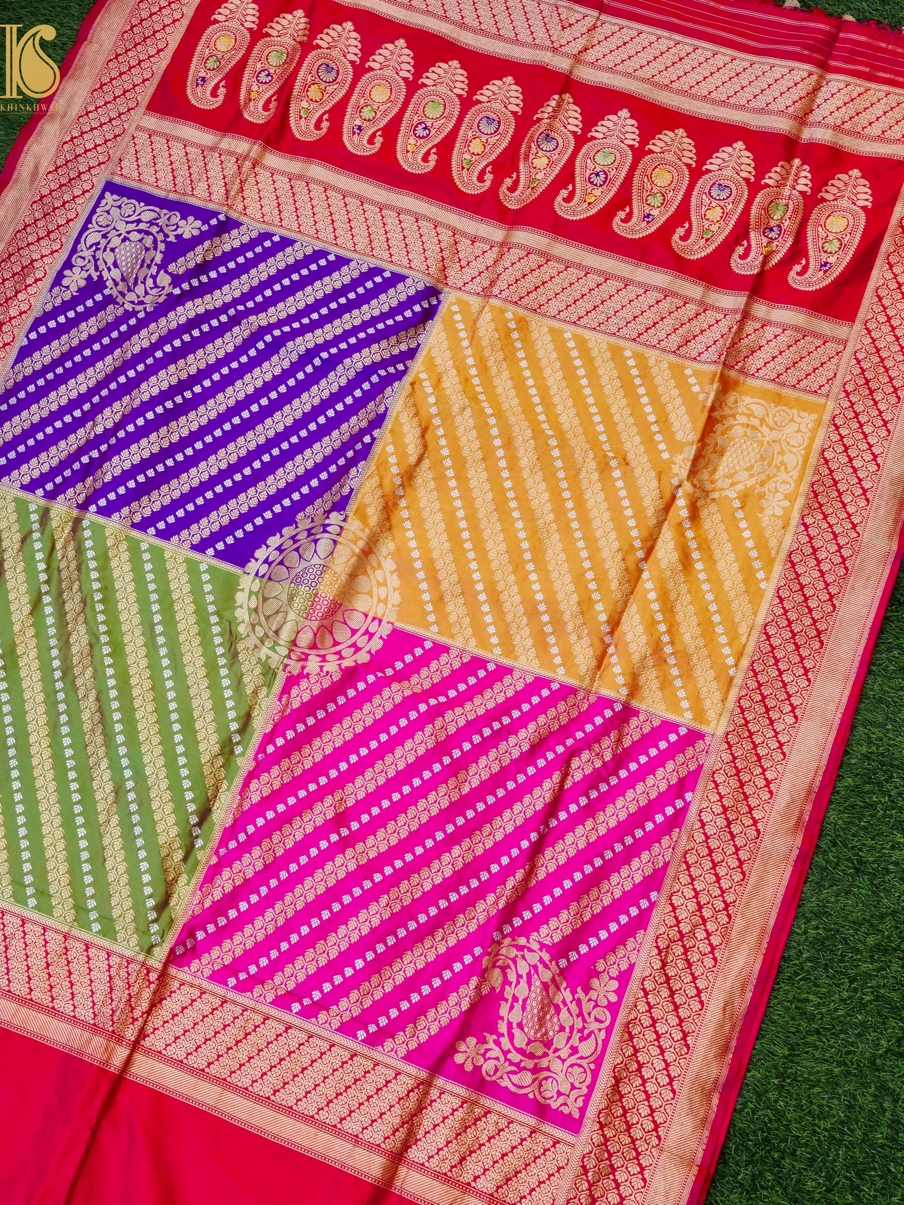 Handloom Banarasi Chauki Rangkat Red Silk Saree - Khinkhwab
