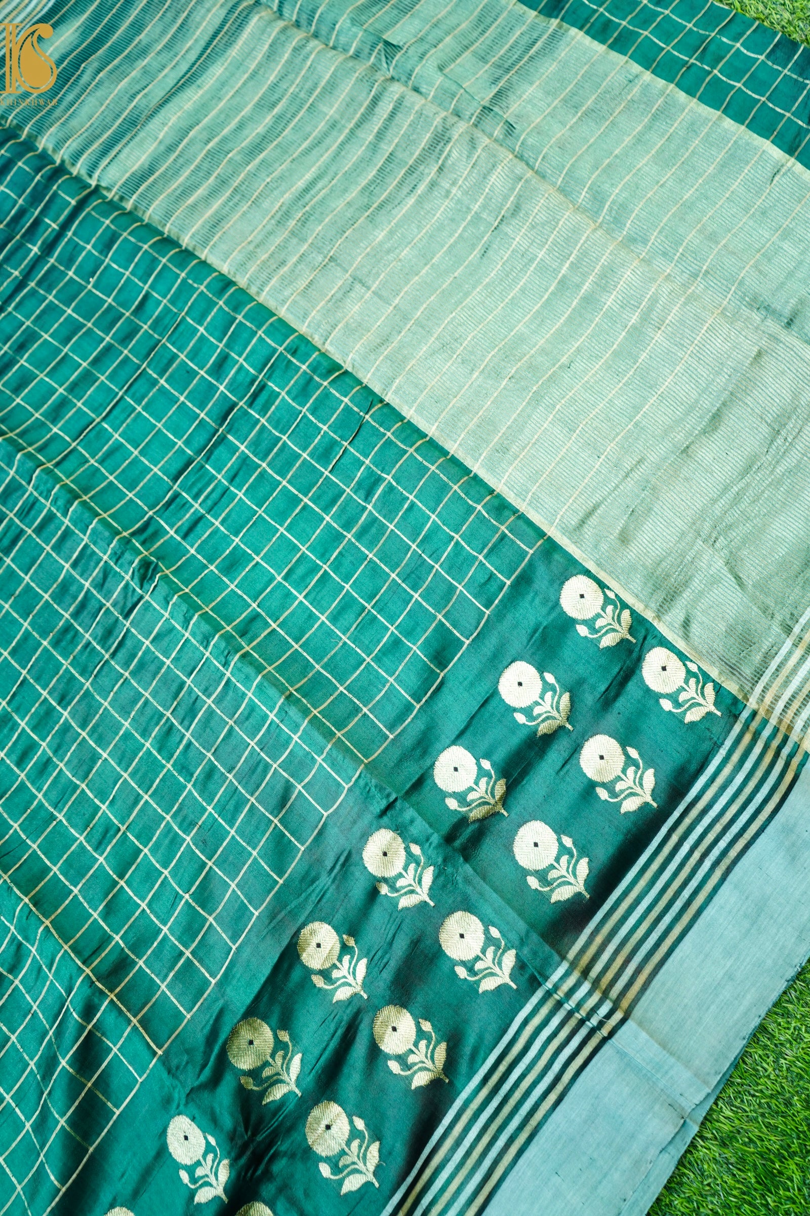 Handwoven Chanderi Silk Green Check Saree