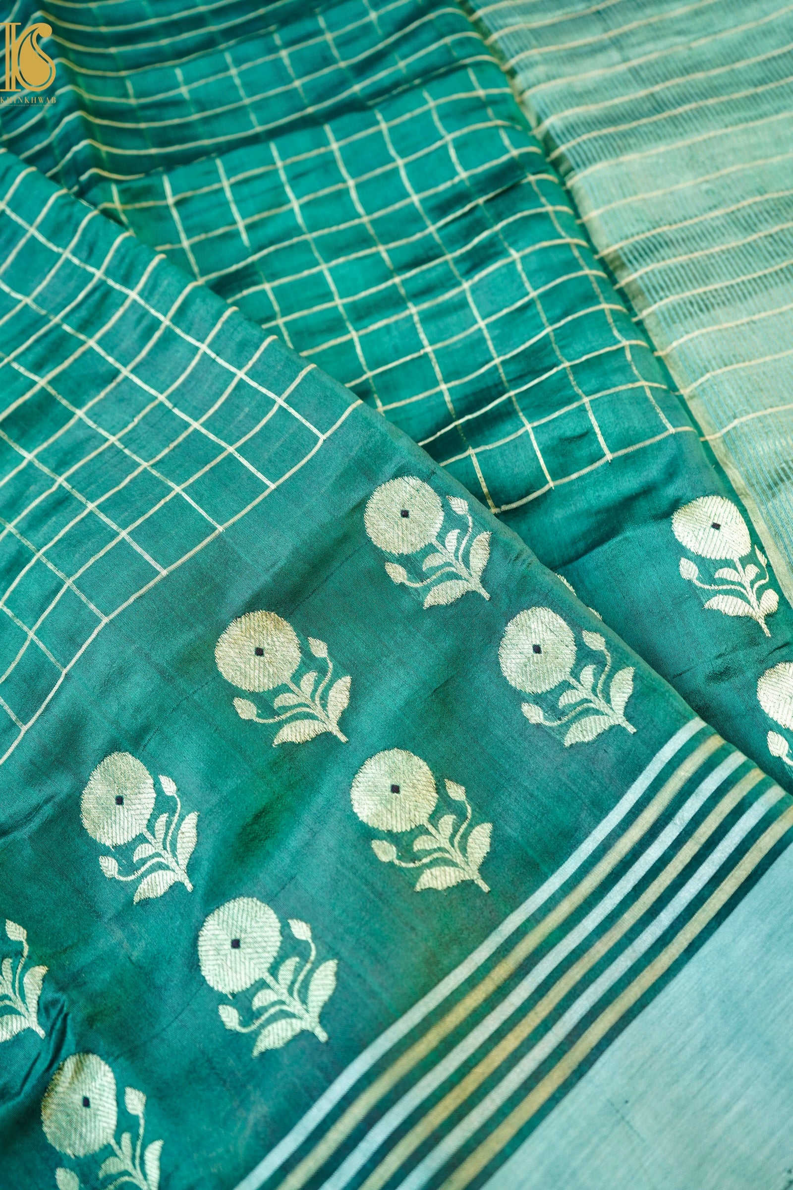 Handwoven Chanderi Silk Green Check Saree