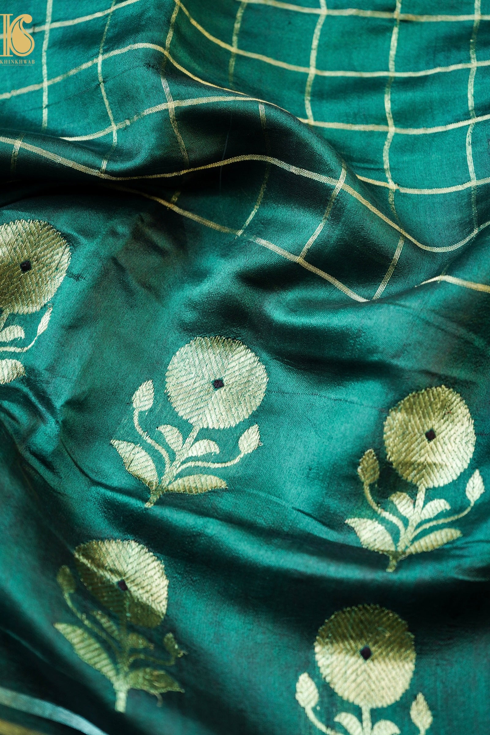 Handwoven Chanderi Silk Green Check Saree