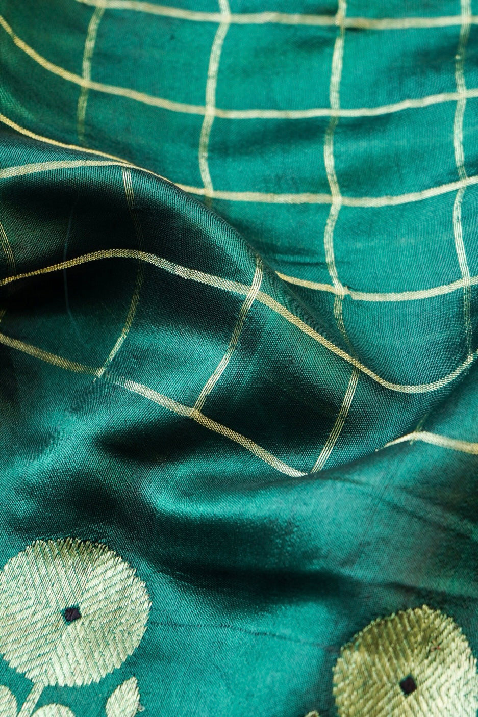 Handwoven Chanderi Silk Green Check Saree