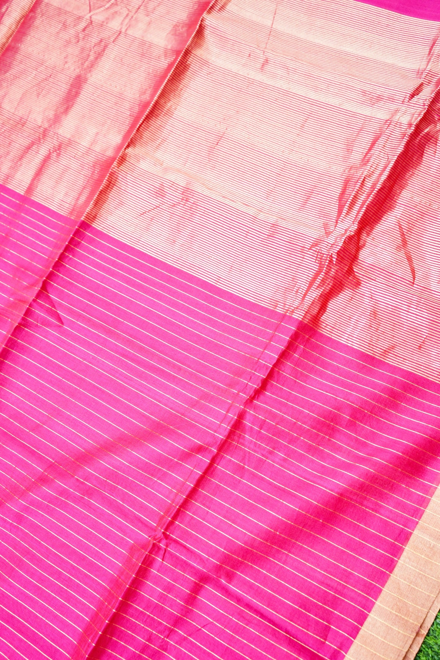 Handwoven Chanderi Cotton Silk Pink Gold Stripes Saree
