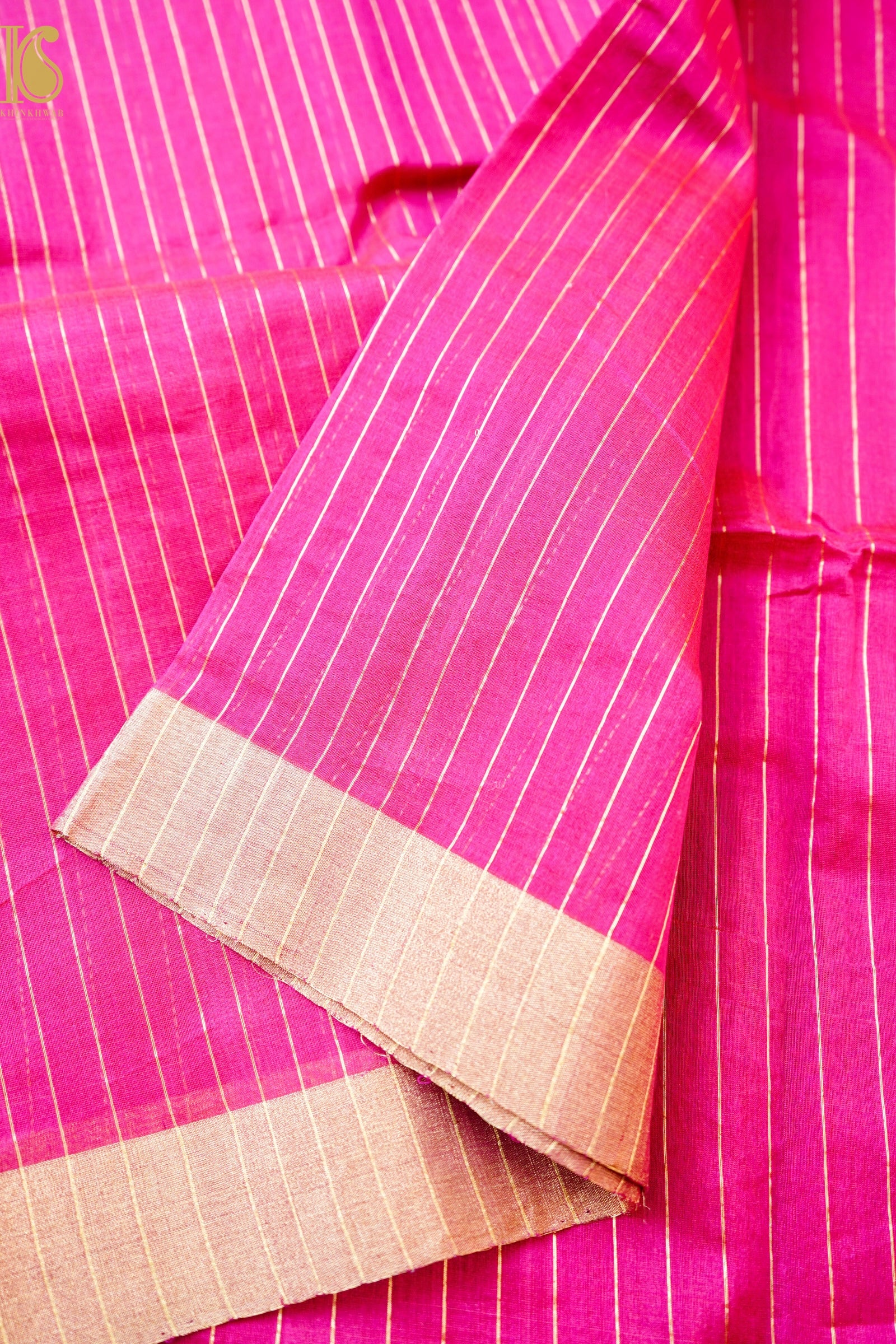 Handwoven Chanderi Cotton Silk Pink Gold Stripes Saree