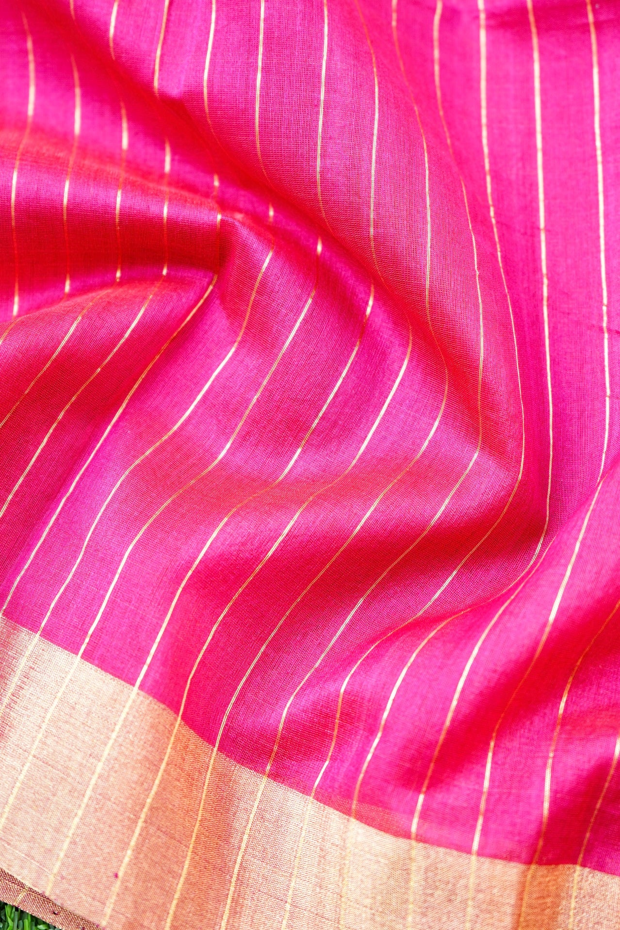 Handwoven Chanderi Cotton Silk Pink Gold Stripes Saree