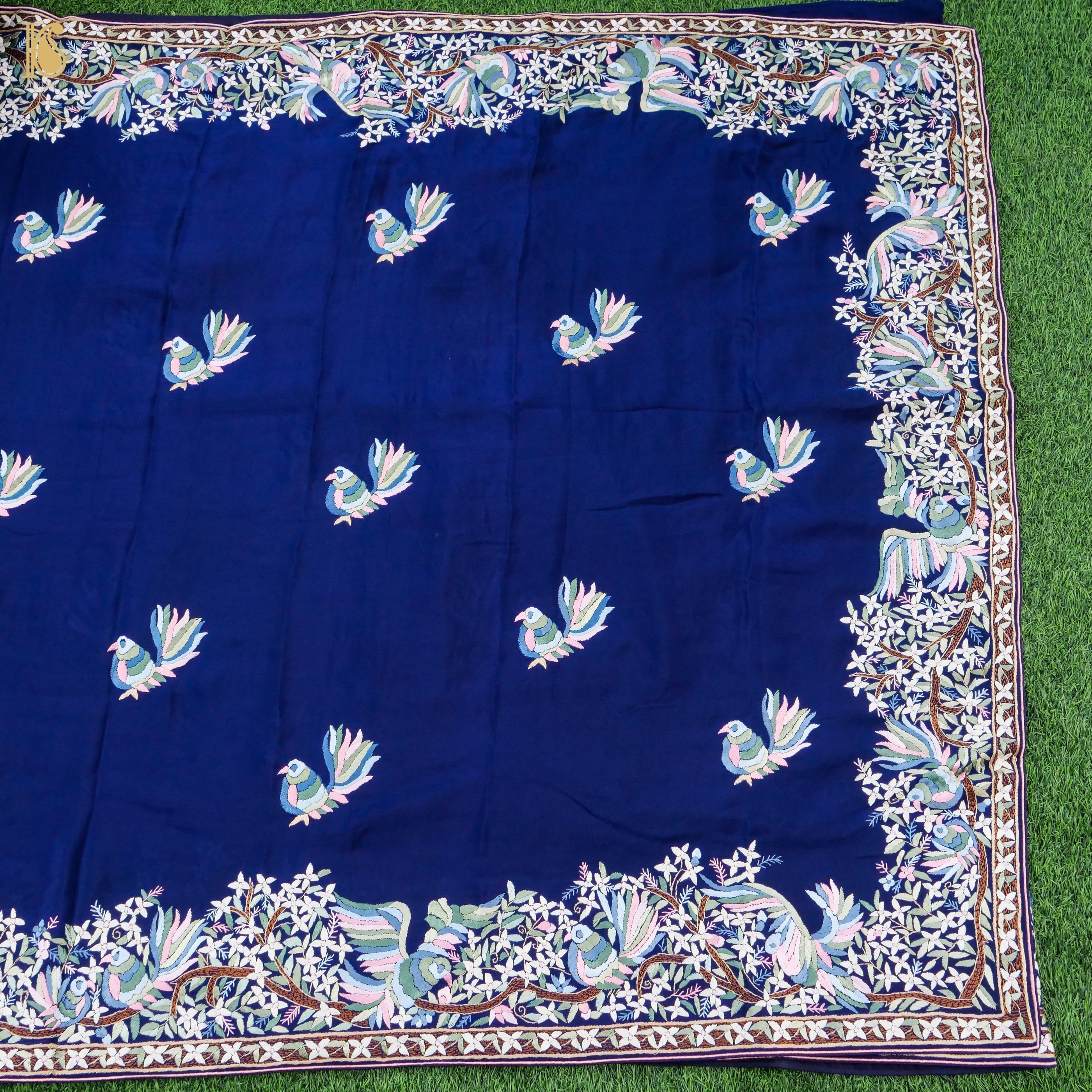 Midnight Blue Handcrafted Parsi Gara Pure Crepe Bird Saree - Khinkhwab