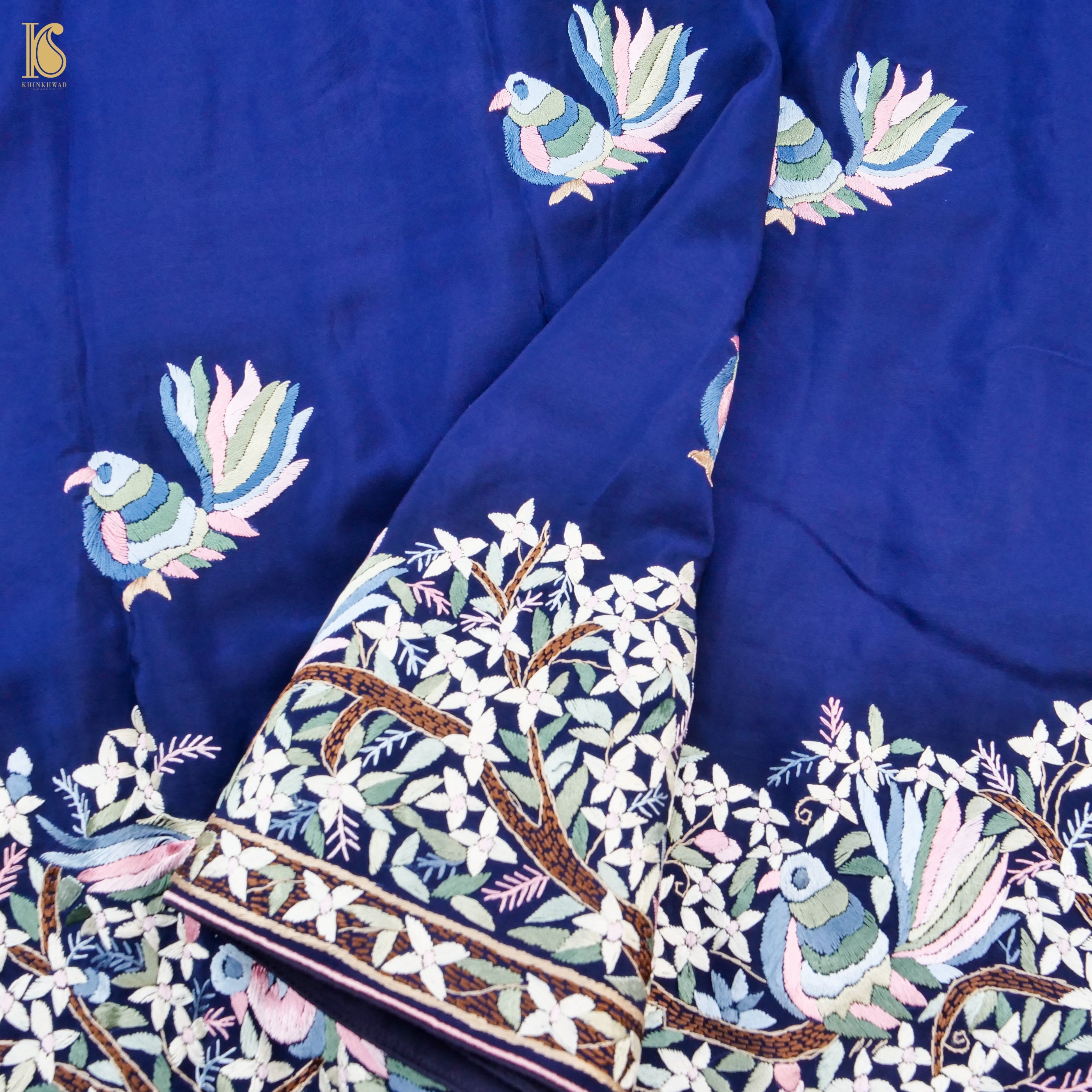Midnight Blue Handcrafted Parsi Gara Pure Crepe Bird Saree - Khinkhwab