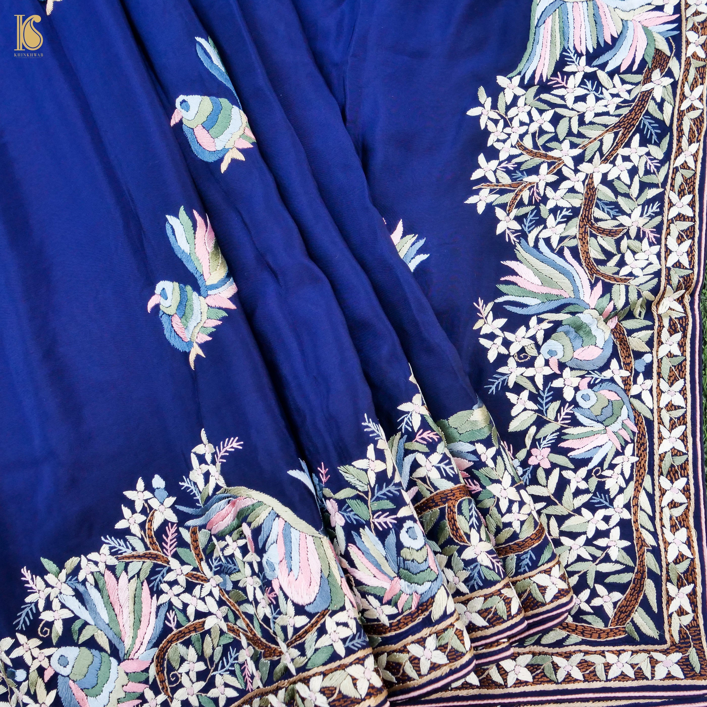 Midnight Blue Handcrafted Parsi Gara Pure Crepe Bird Saree - Khinkhwab