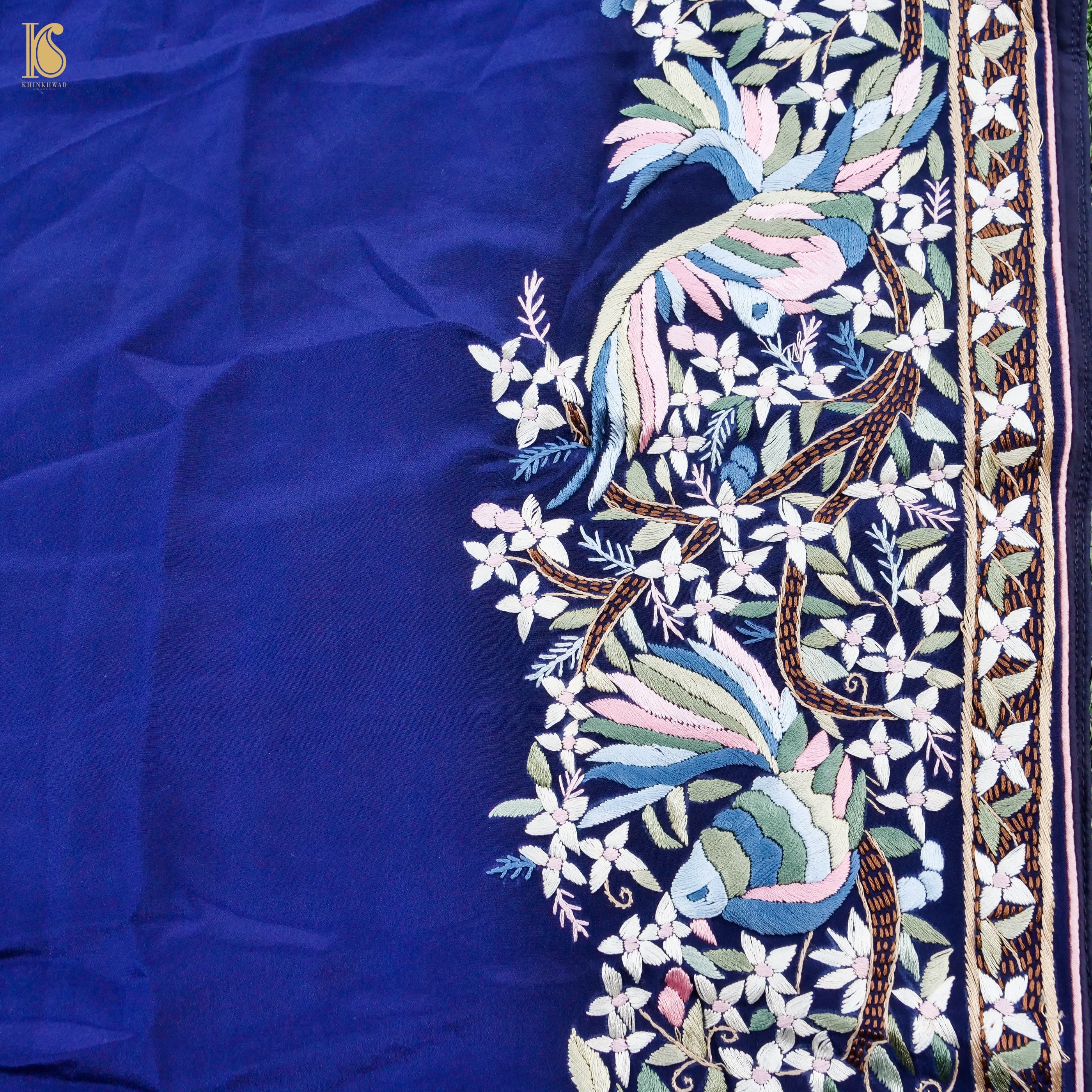 Midnight Blue Handcrafted Parsi Gara Pure Crepe Bird Saree - Khinkhwab
