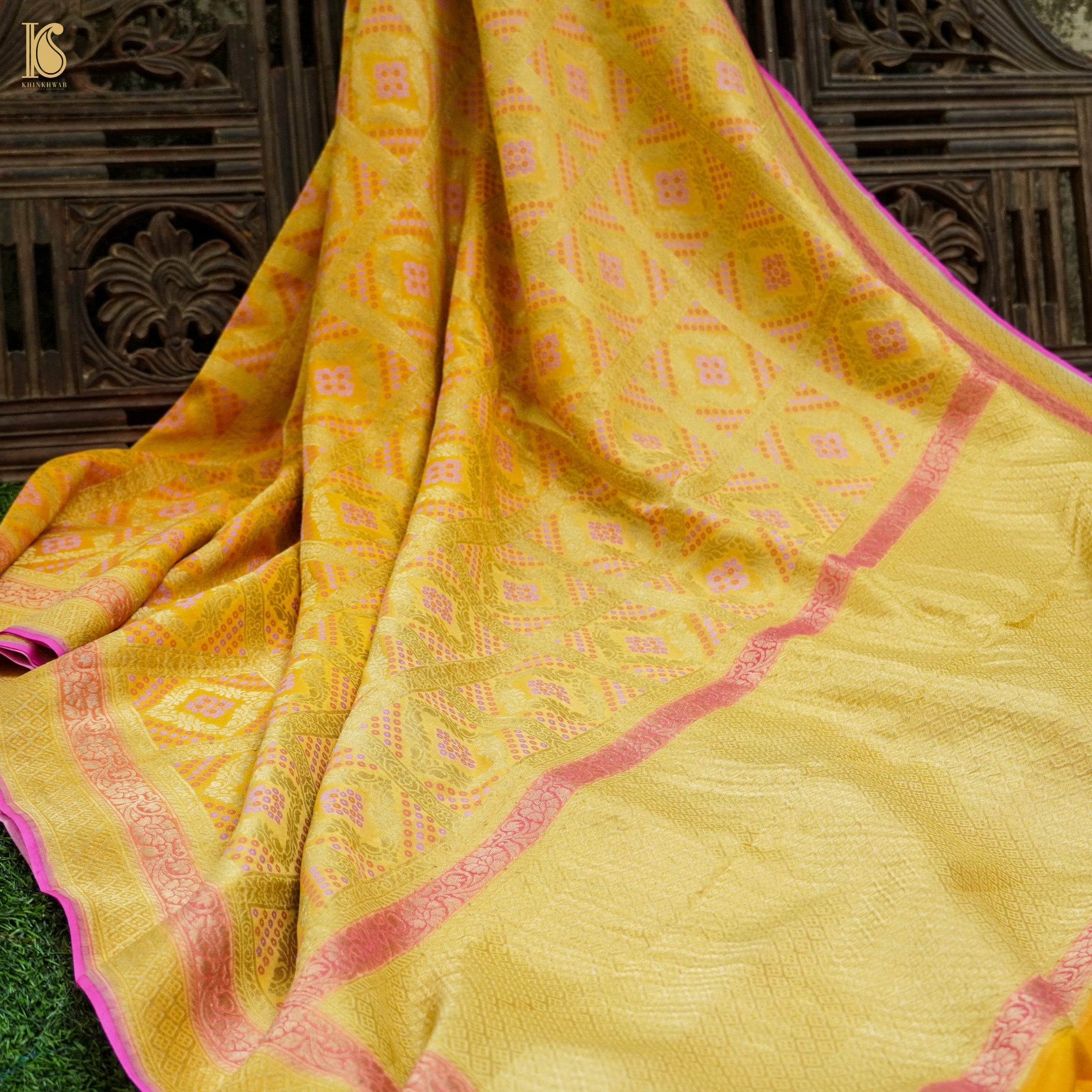 Saffron Yellow Pure Georgette Banarasi Woven Bandhani Saree - Khinkhwab