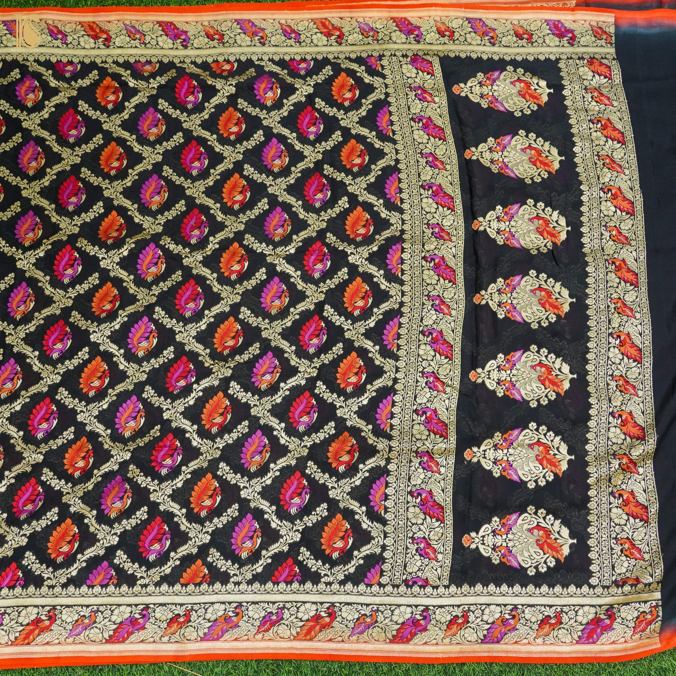 Black Pure Georgette Banarasi Peacock Meena Saree - Khinkhwab