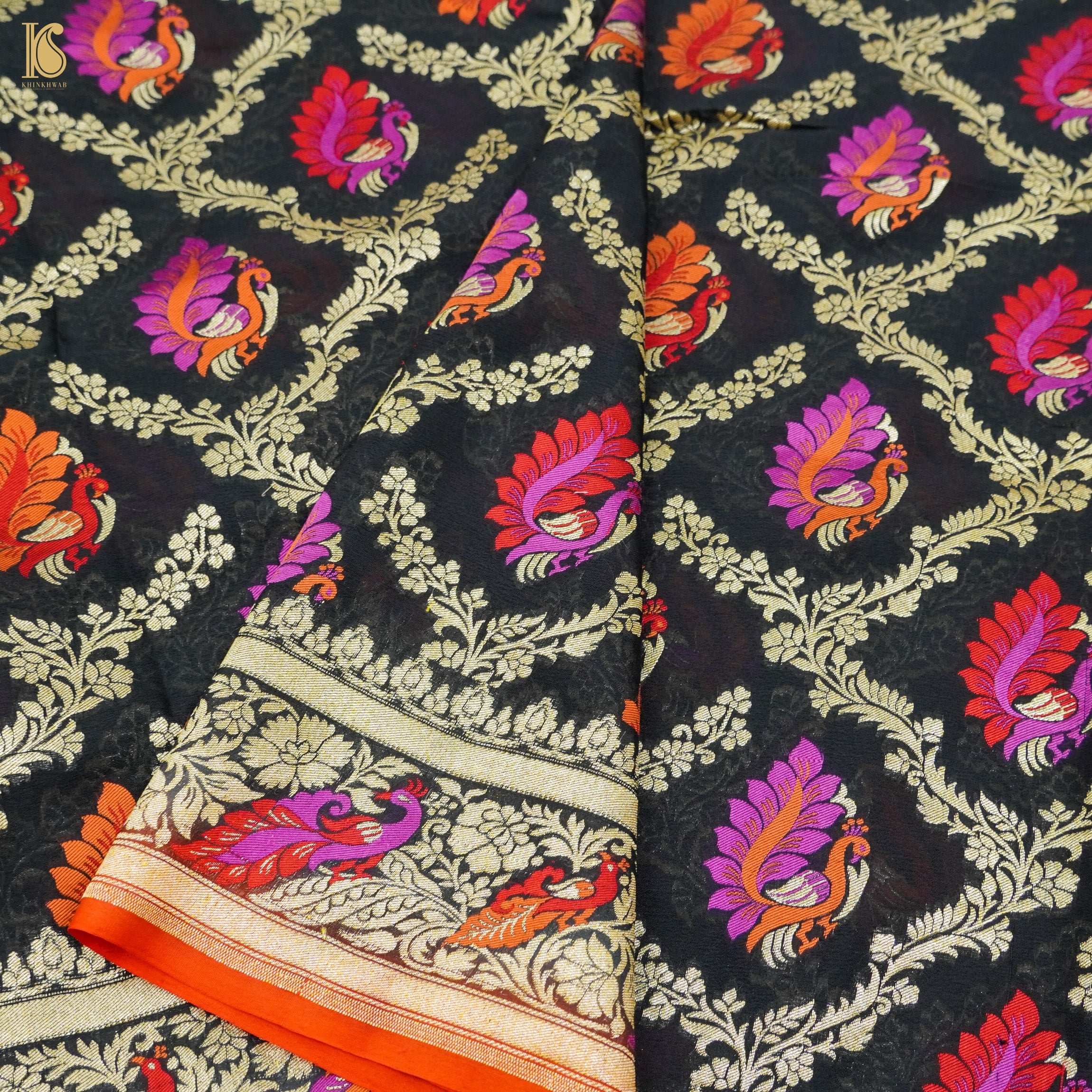 Black Pure Georgette Banarasi Peacock Meena Saree - Khinkhwab
