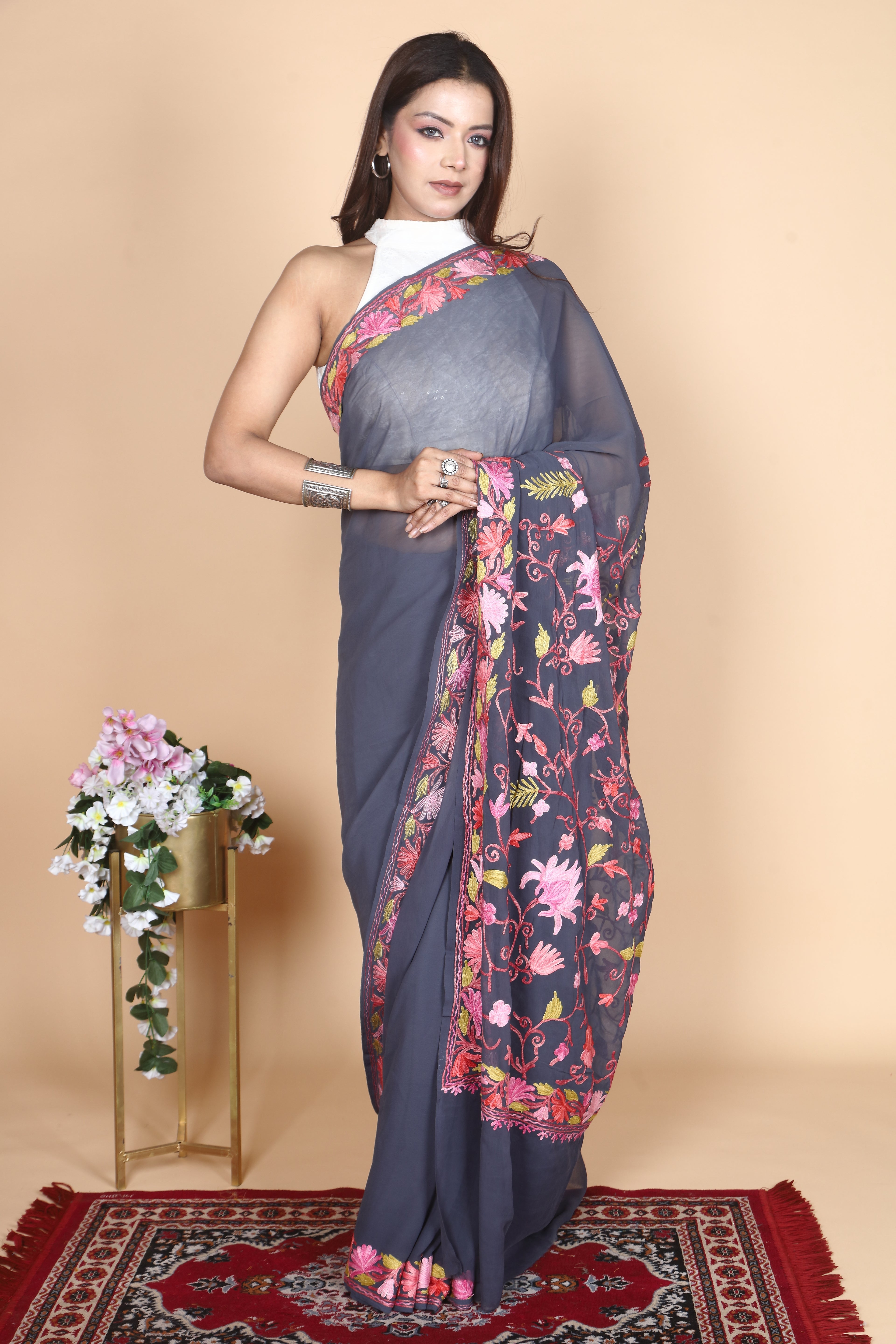Viscose Georgette Silk Machine Aari Embriodery Kashmiri Saree