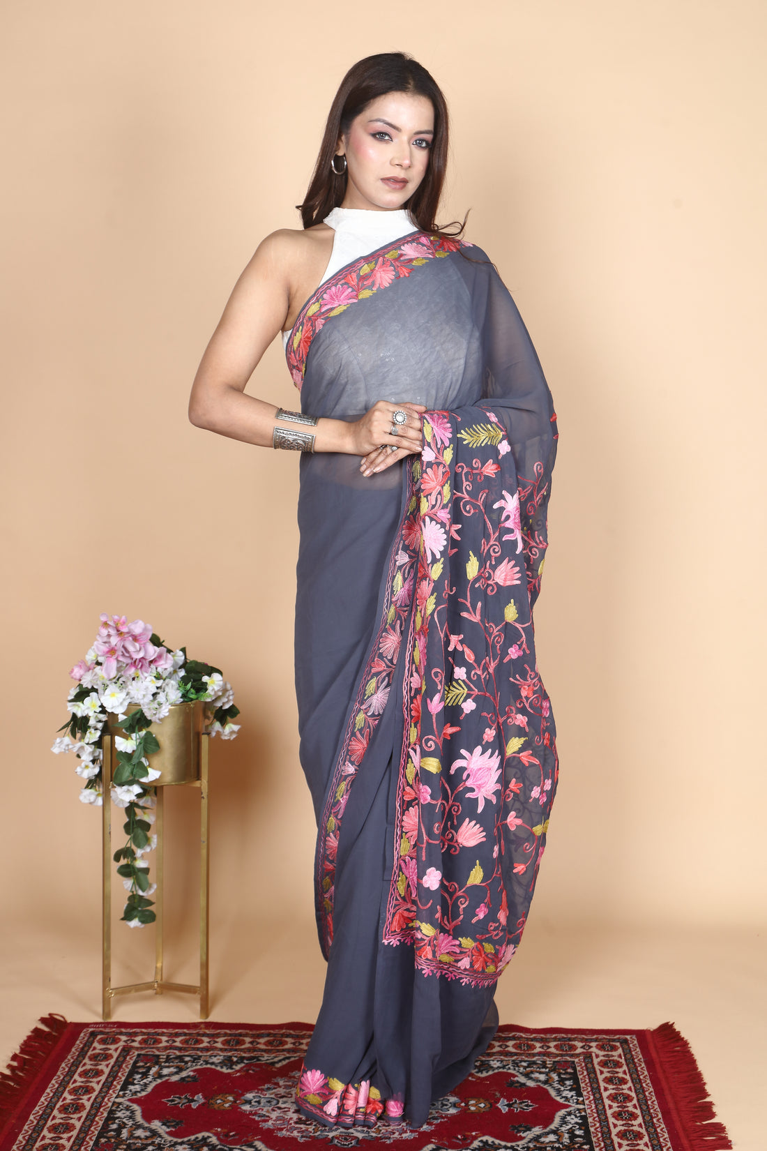 Viscose Georgette Silk Machine Aari Embriodery Kashmiri Saree