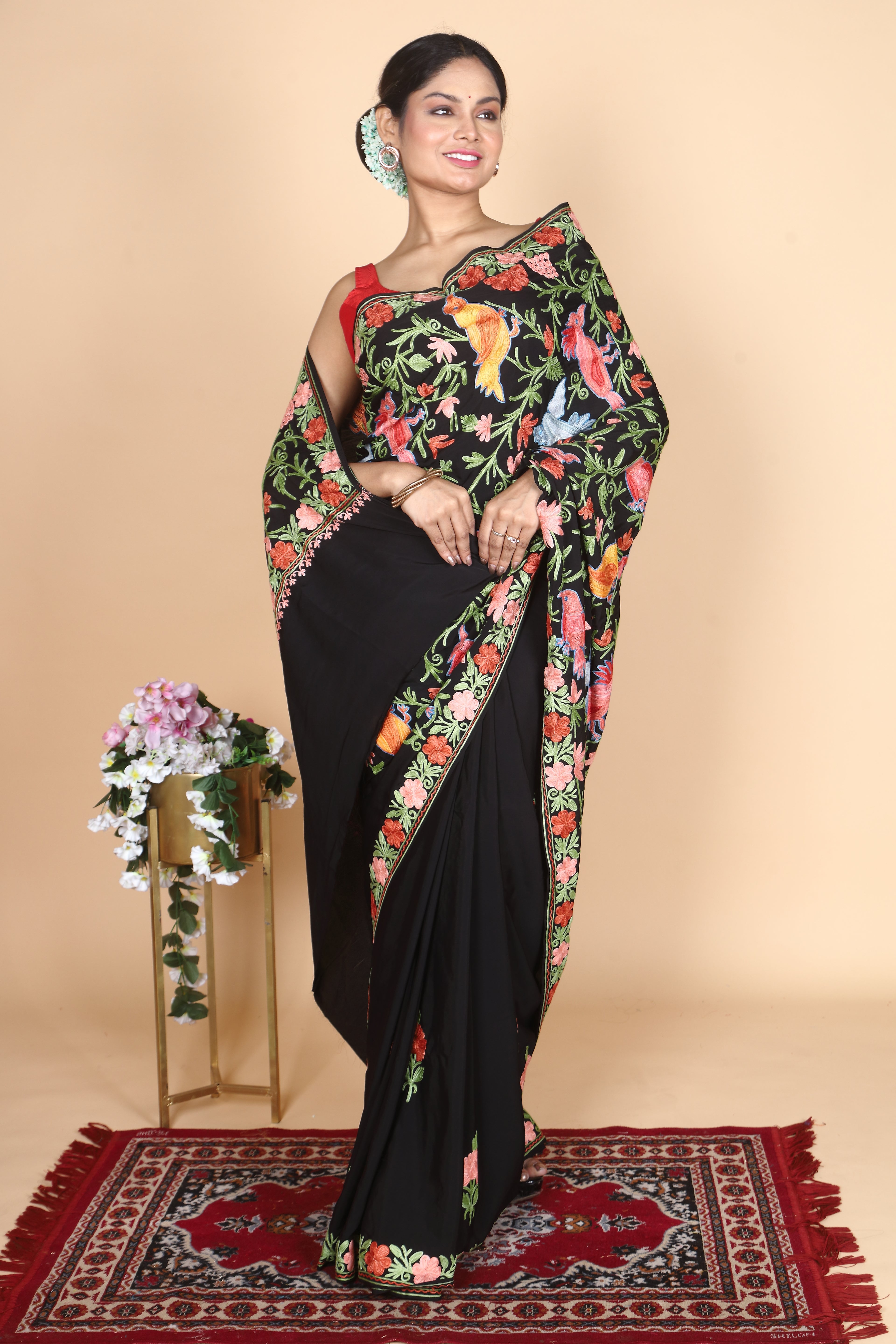 Semi Crepe Silk Machine Aari Embriodery Kashmiri Saree