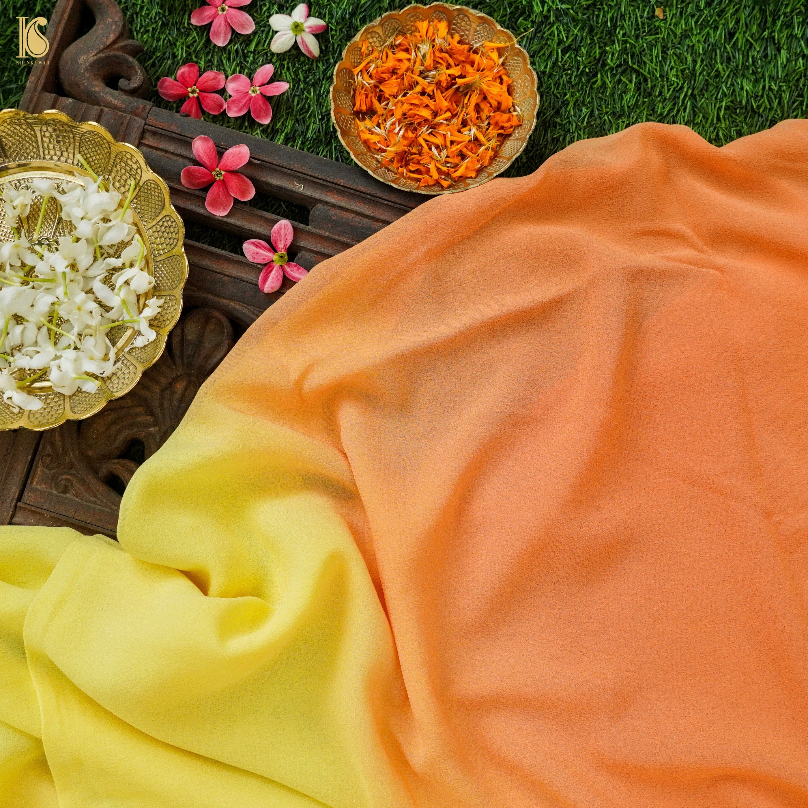 Orange & Yellow Pure Georgette Saree - Khinkhwab
