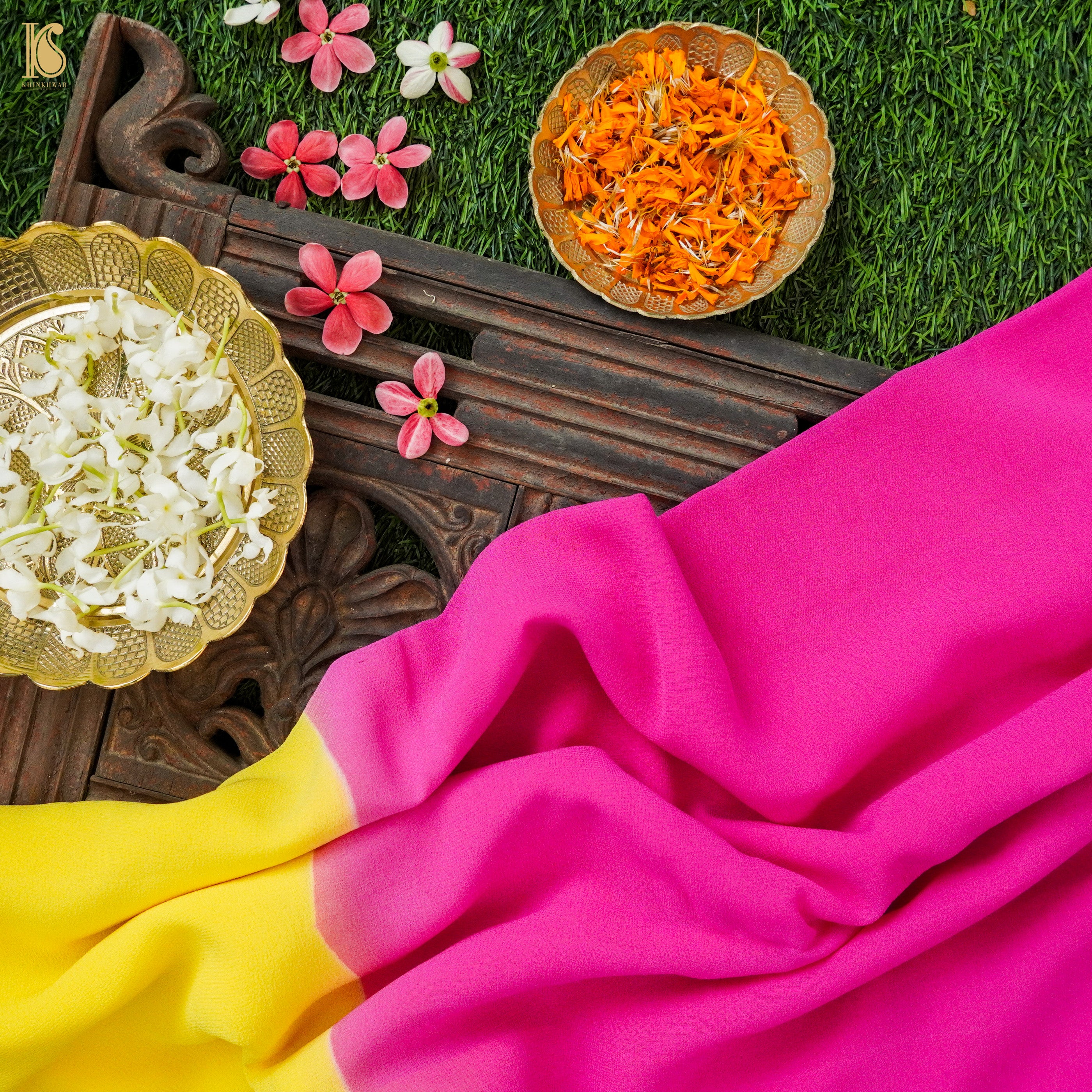 Pink & Yellow Pure Georgette Saree - Khinkhwab