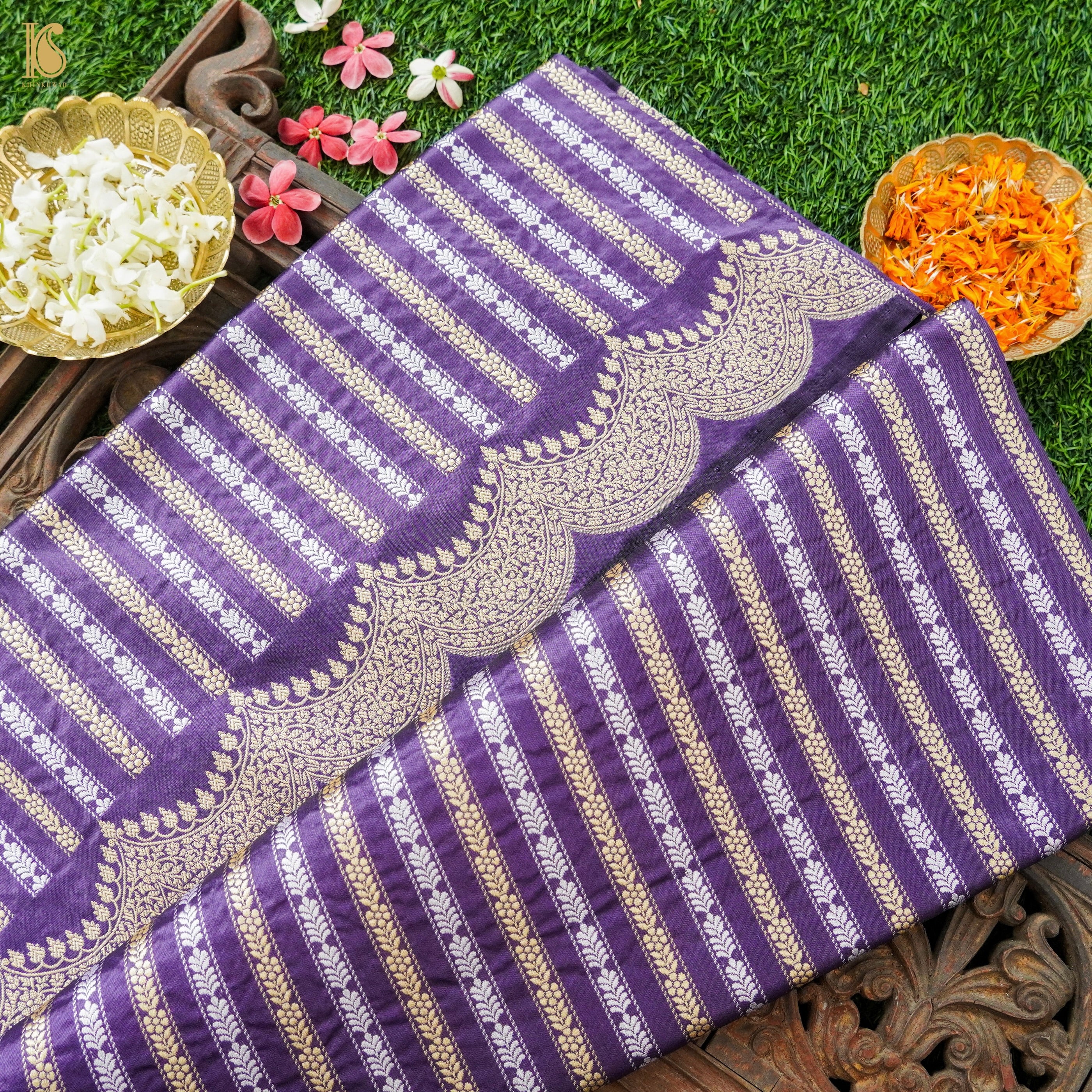 Purple Handloom Banarasi Pure Katan Silk Stripes Scalloped Saree