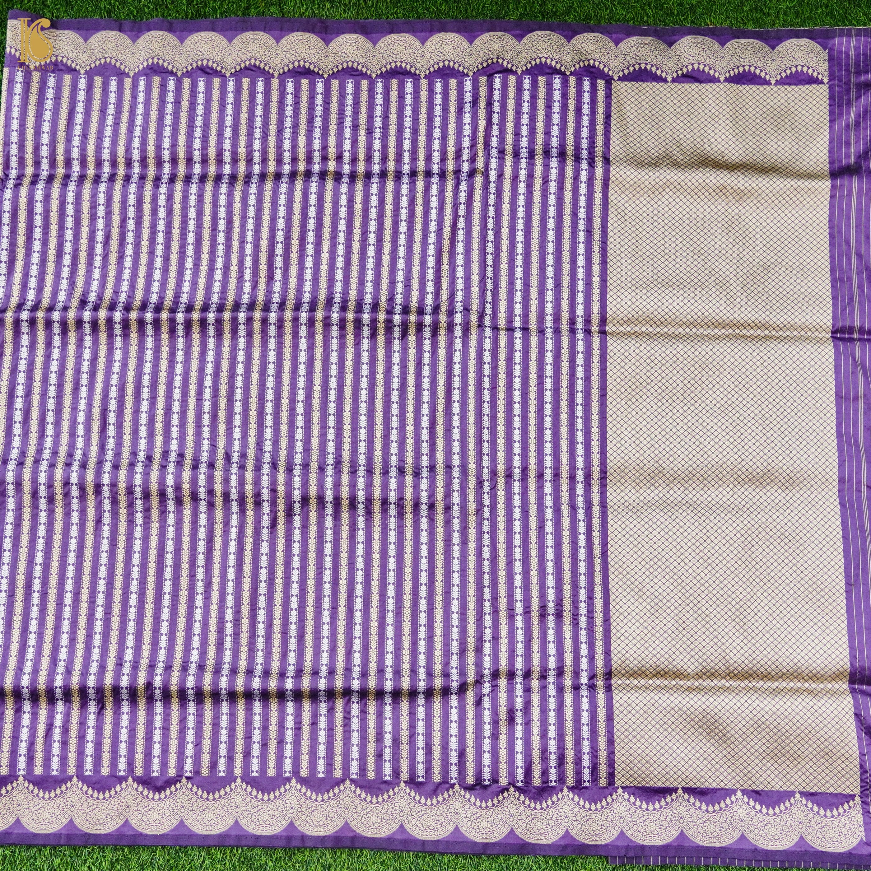 Purple Handloom Banarasi Pure Katan Silk Stripes Scalloped Saree