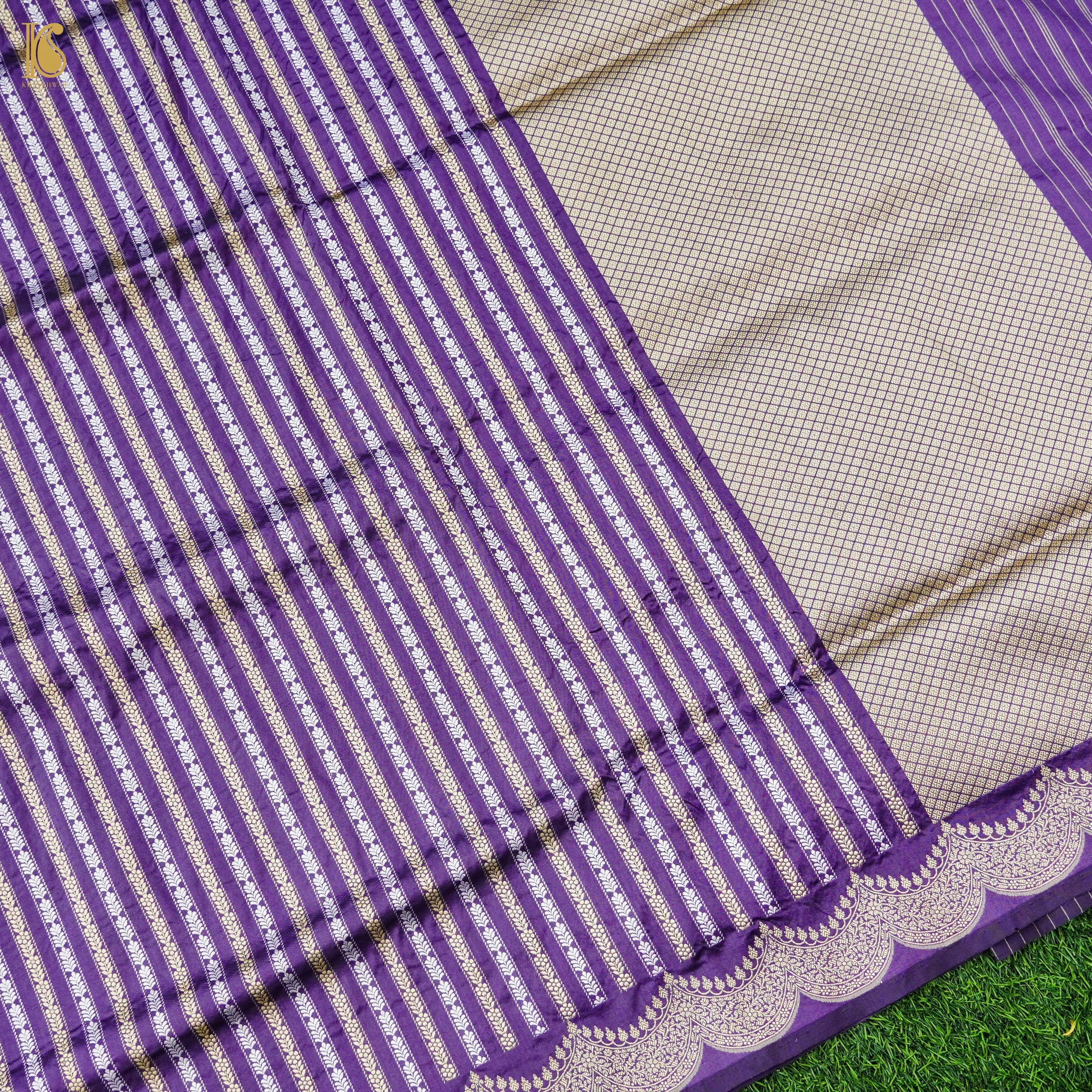 Purple Handloom Banarasi Pure Katan Silk Stripes Scalloped Saree
